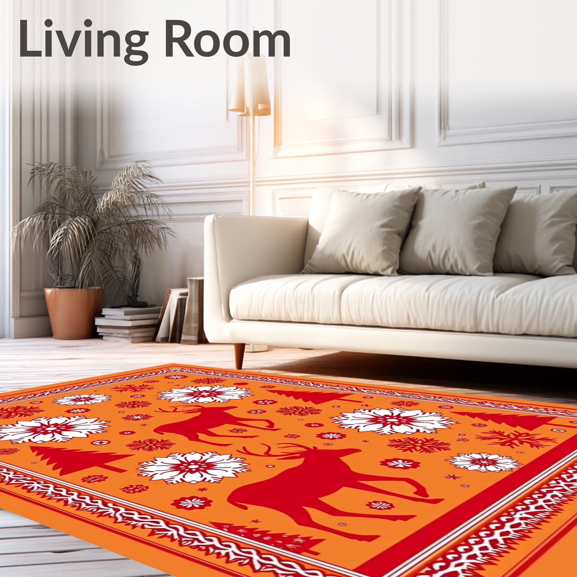 Red Deer Snowflake Christmas Orange Border Rug