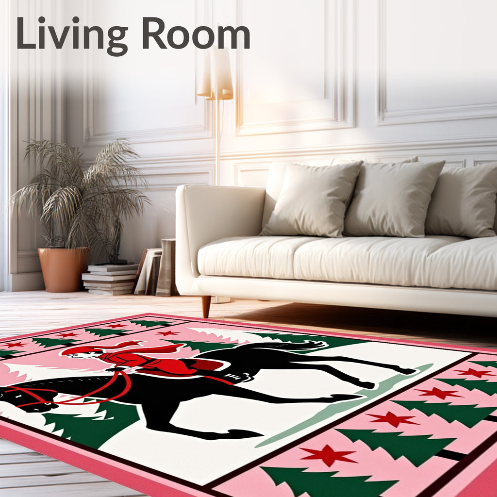 Red Rider Black Horse Winter Scene Rug