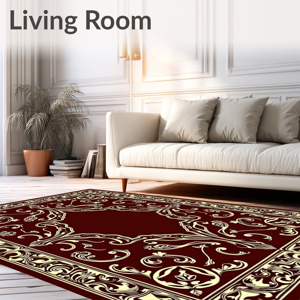 Rich Crimson Ivory Ornate Scrollwork Rug