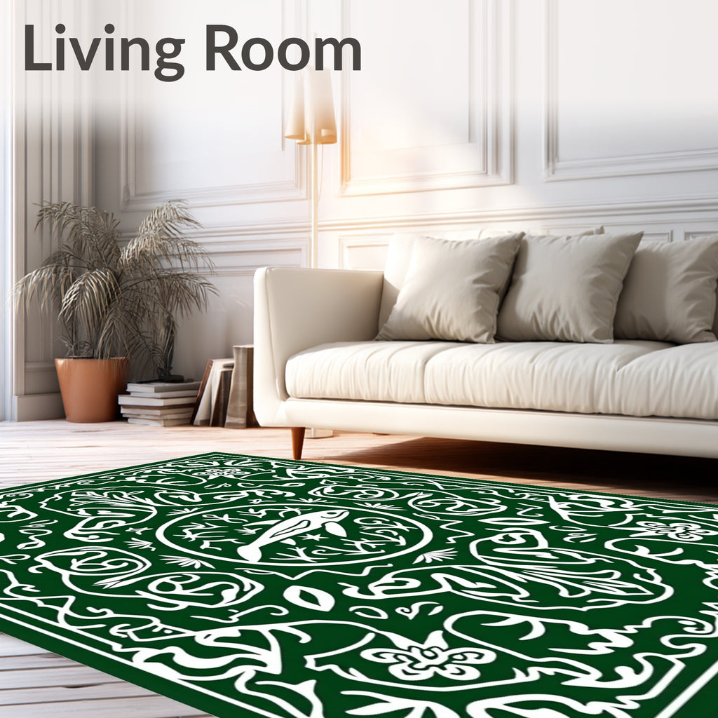 Deep Green Fish Medallion Folk Art Rug