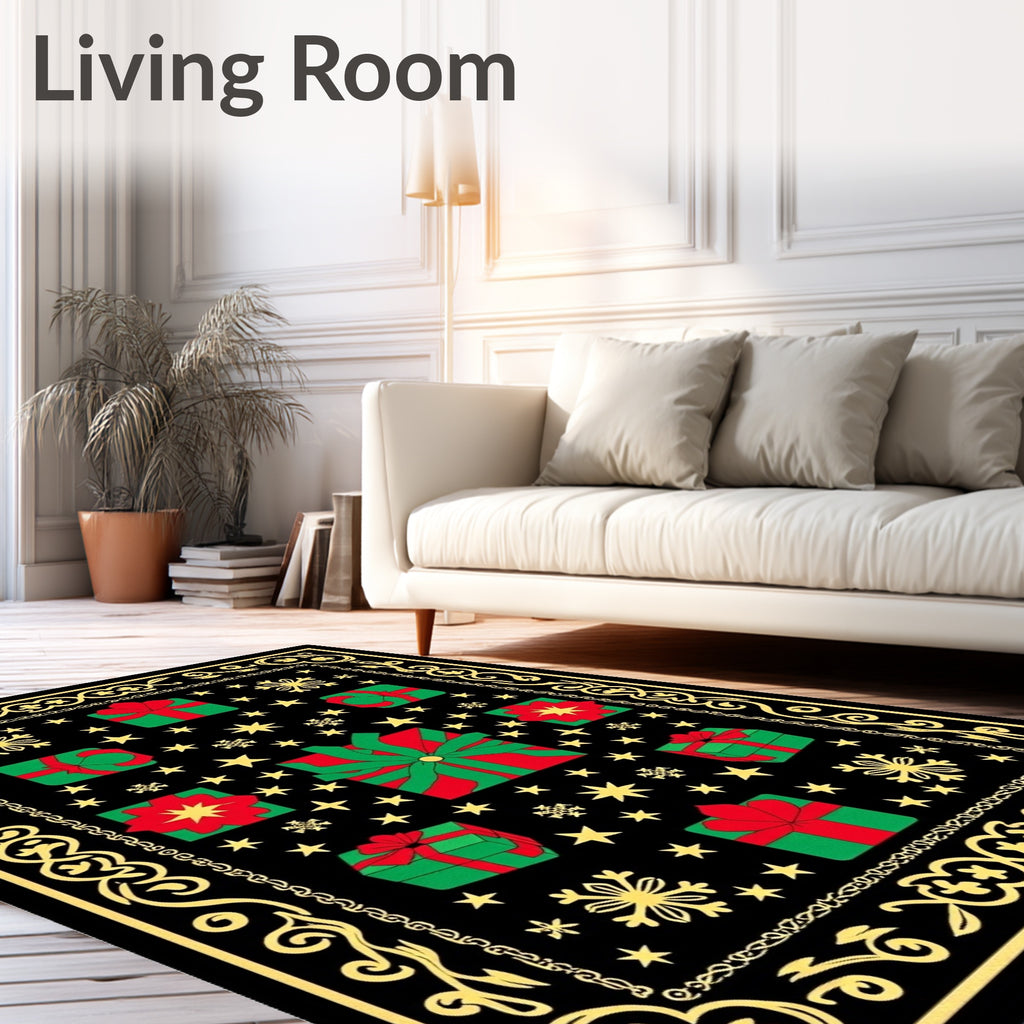Red Green Gift Boxes Snowflakes Border Rug