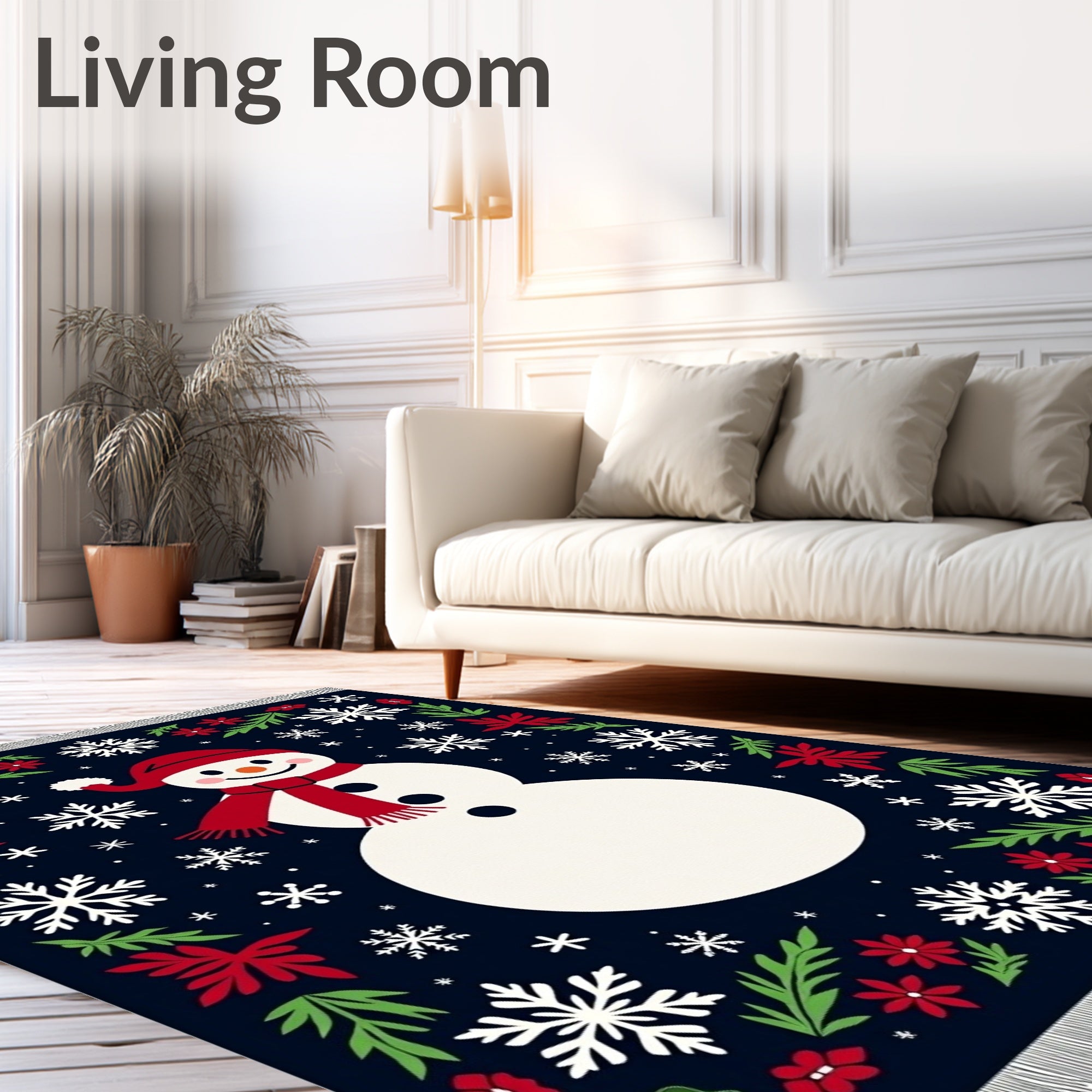 Whimsical Snowman Red Floral Snowflakes Rug