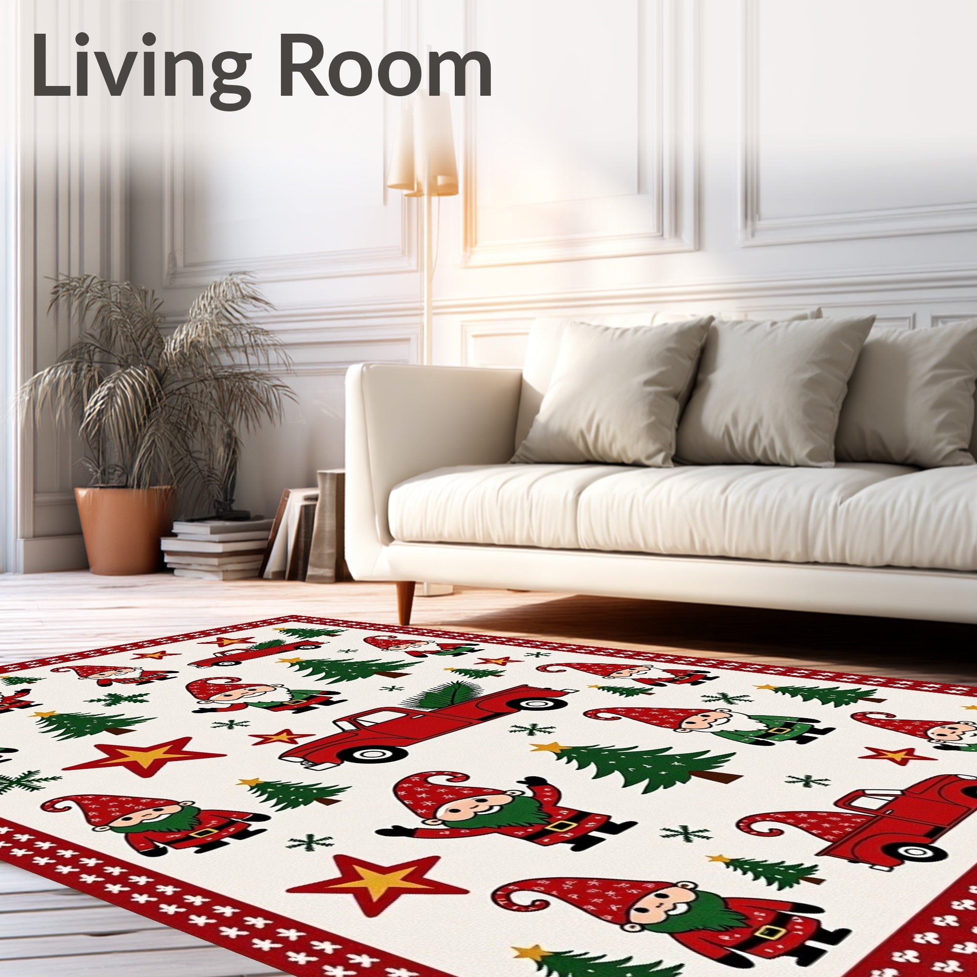 Festive Gnomes Red Truck Christmas Trees Rug