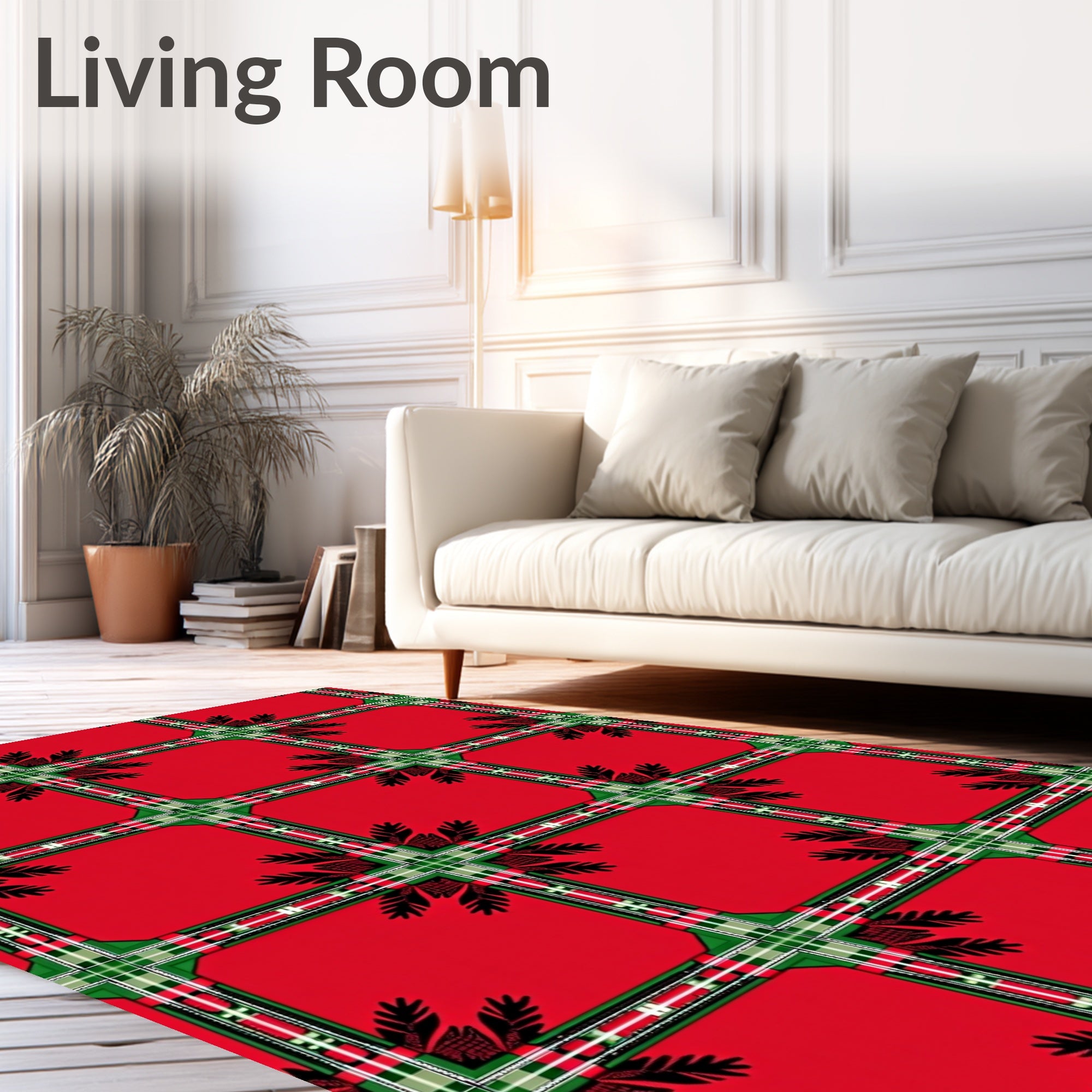 Rich Red Plaid Fern Squares Rug