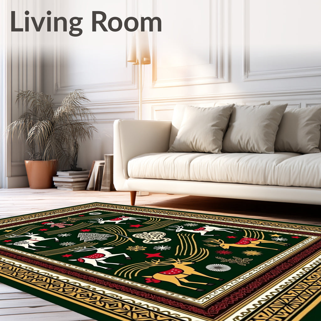 Festive Green Reindeer And Snowflakes Rug