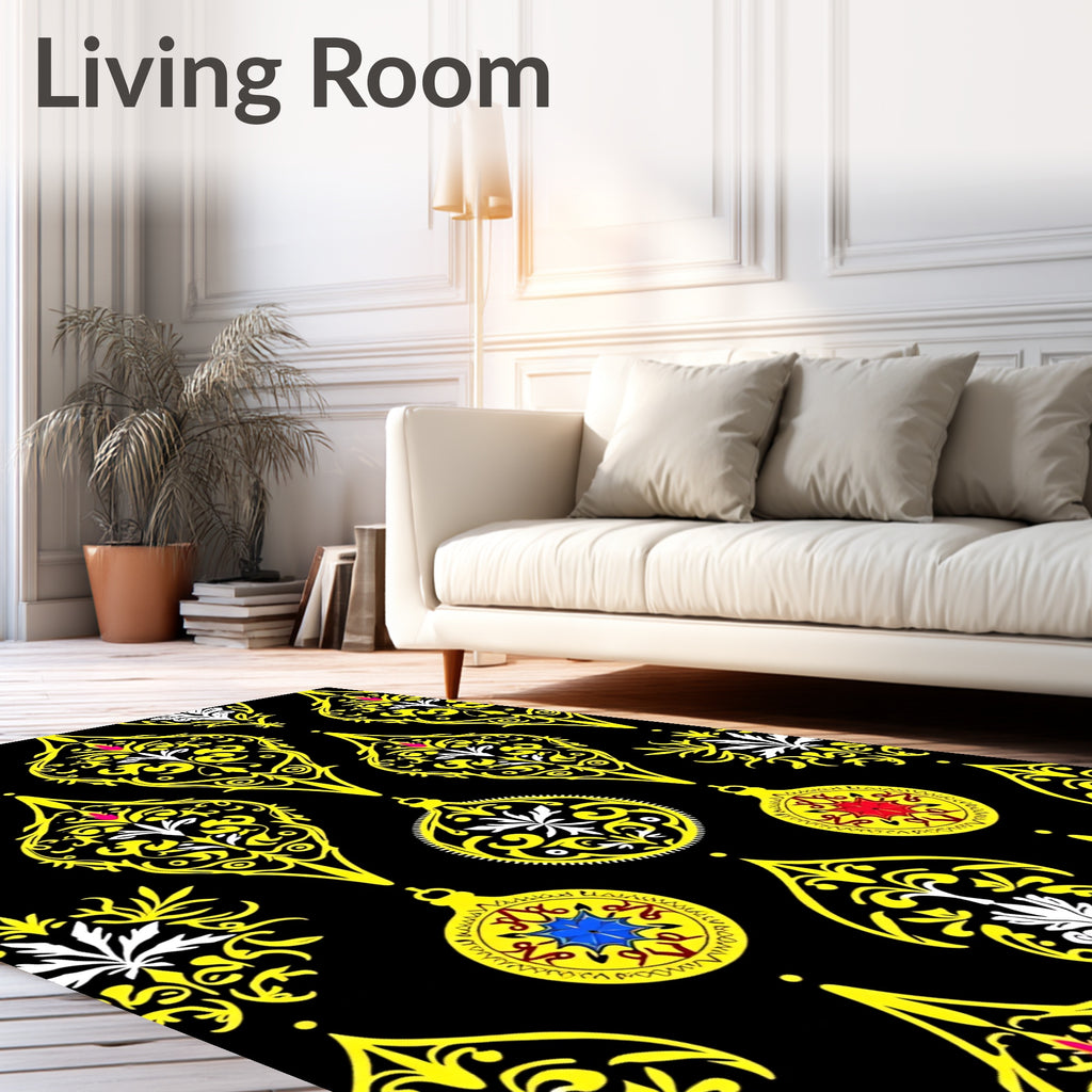 Yellow Black Ornate Medallion Ornament Rug
