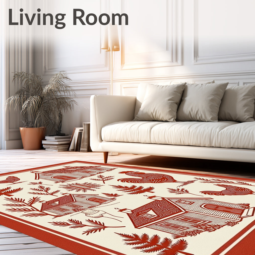 Farmhouse Red Rooster Village Scene Rug