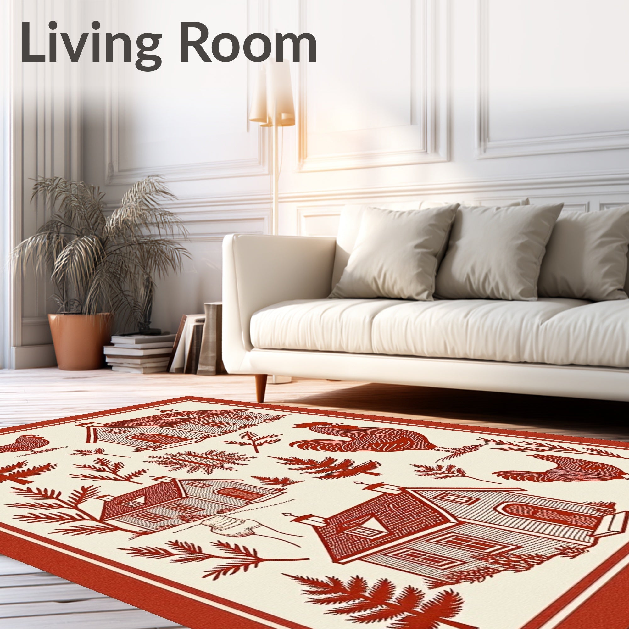 Farmhouse Red Rooster Village Scene Rug