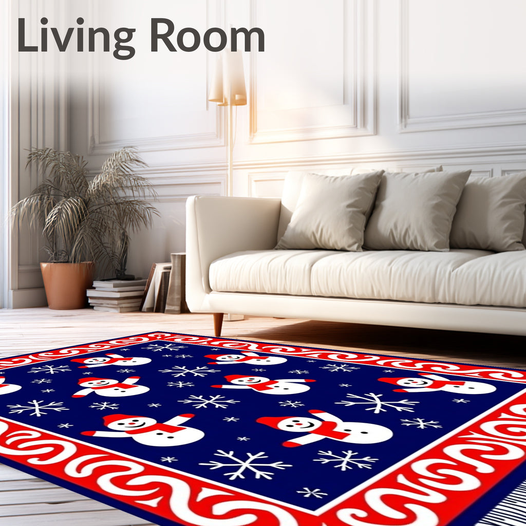 Charming Blue Snowman Snowflake Border Rug