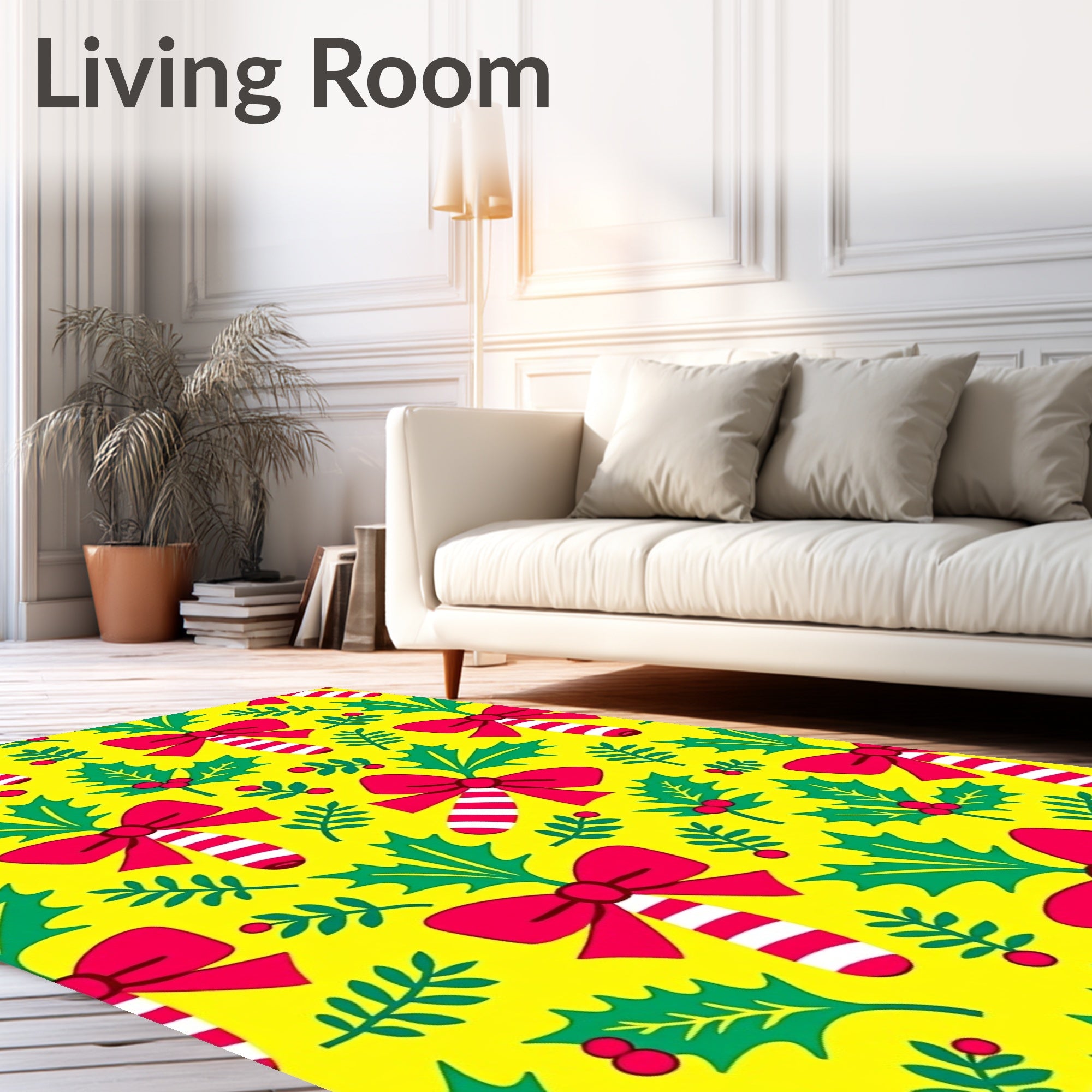 Bright Yellow Red Holly Festive Bows Rug