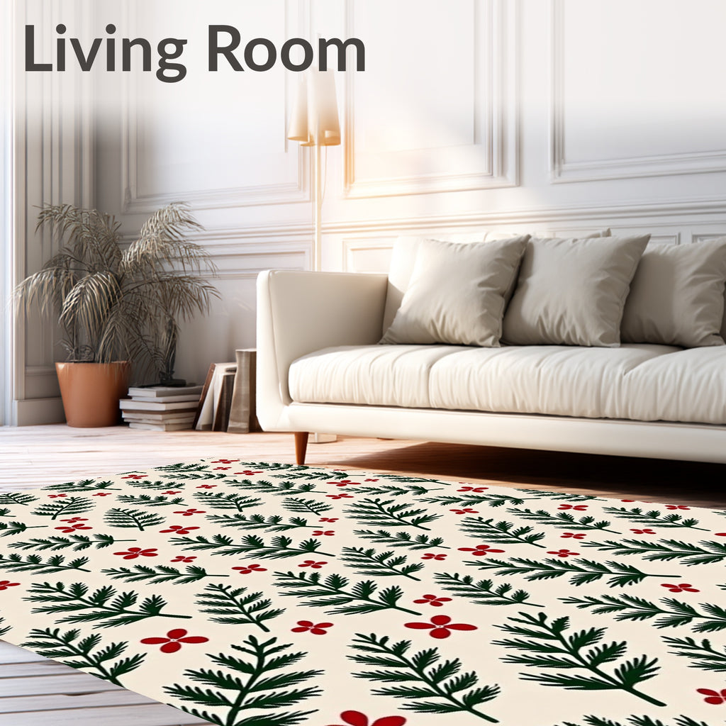 Green Pine Sprigs Red Blossoms Rug