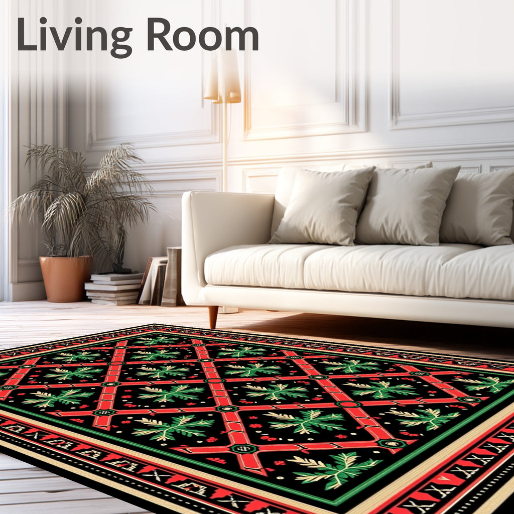Bold Red Lattice Green Floral Rug