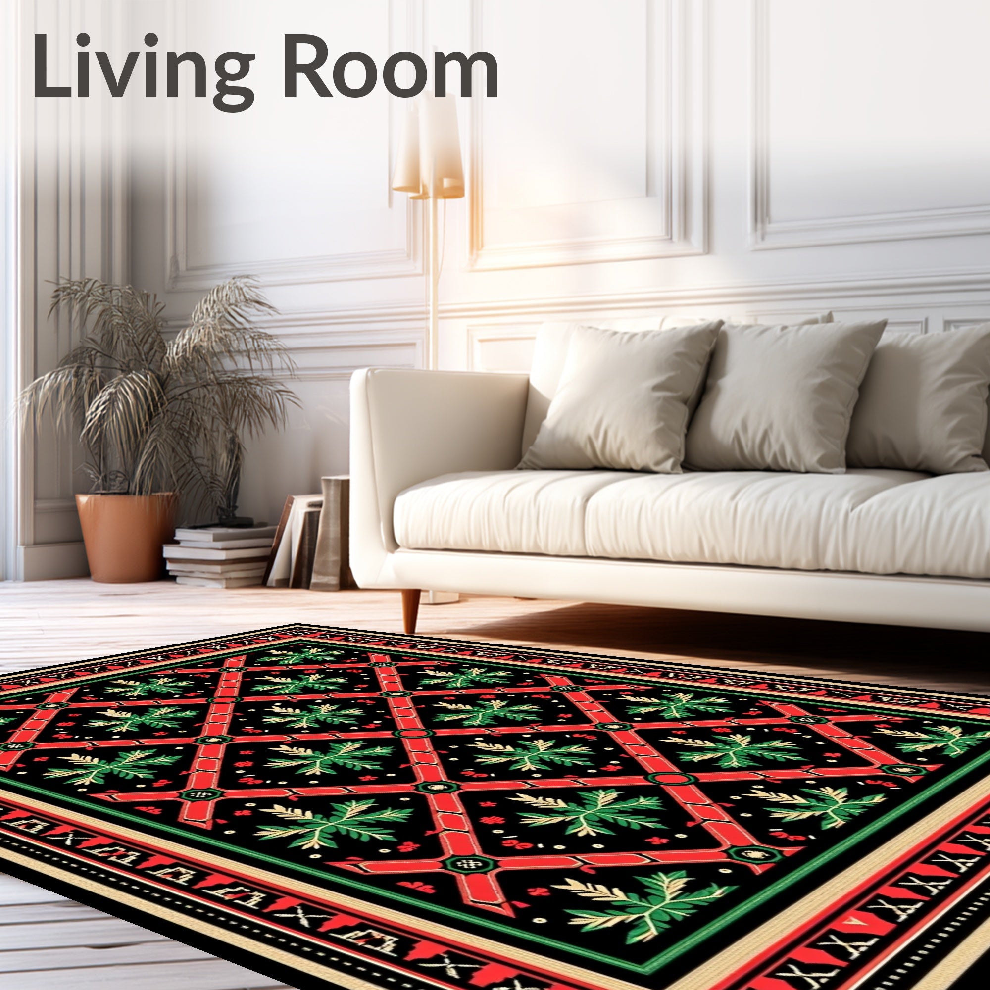 Bold Red Lattice Green Floral Rug