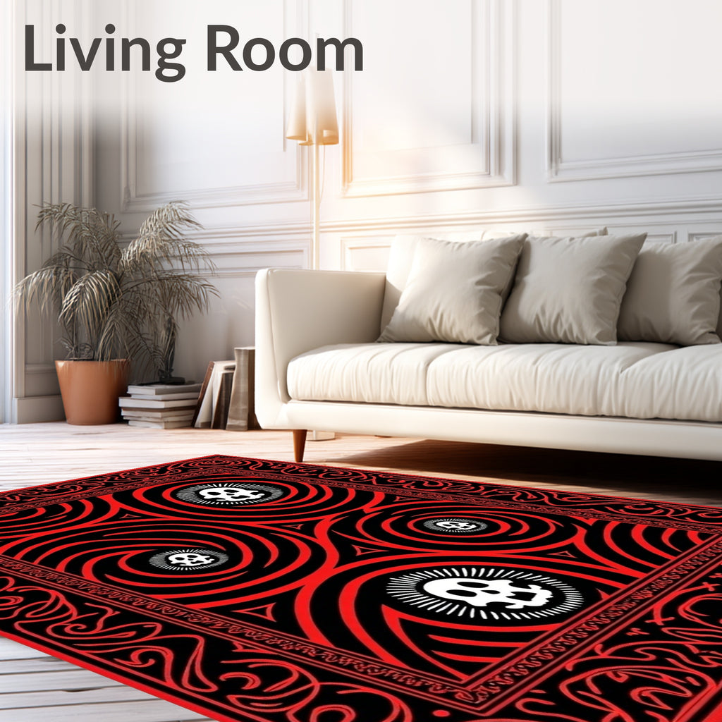 Red Black Skull Swirls Border Rug