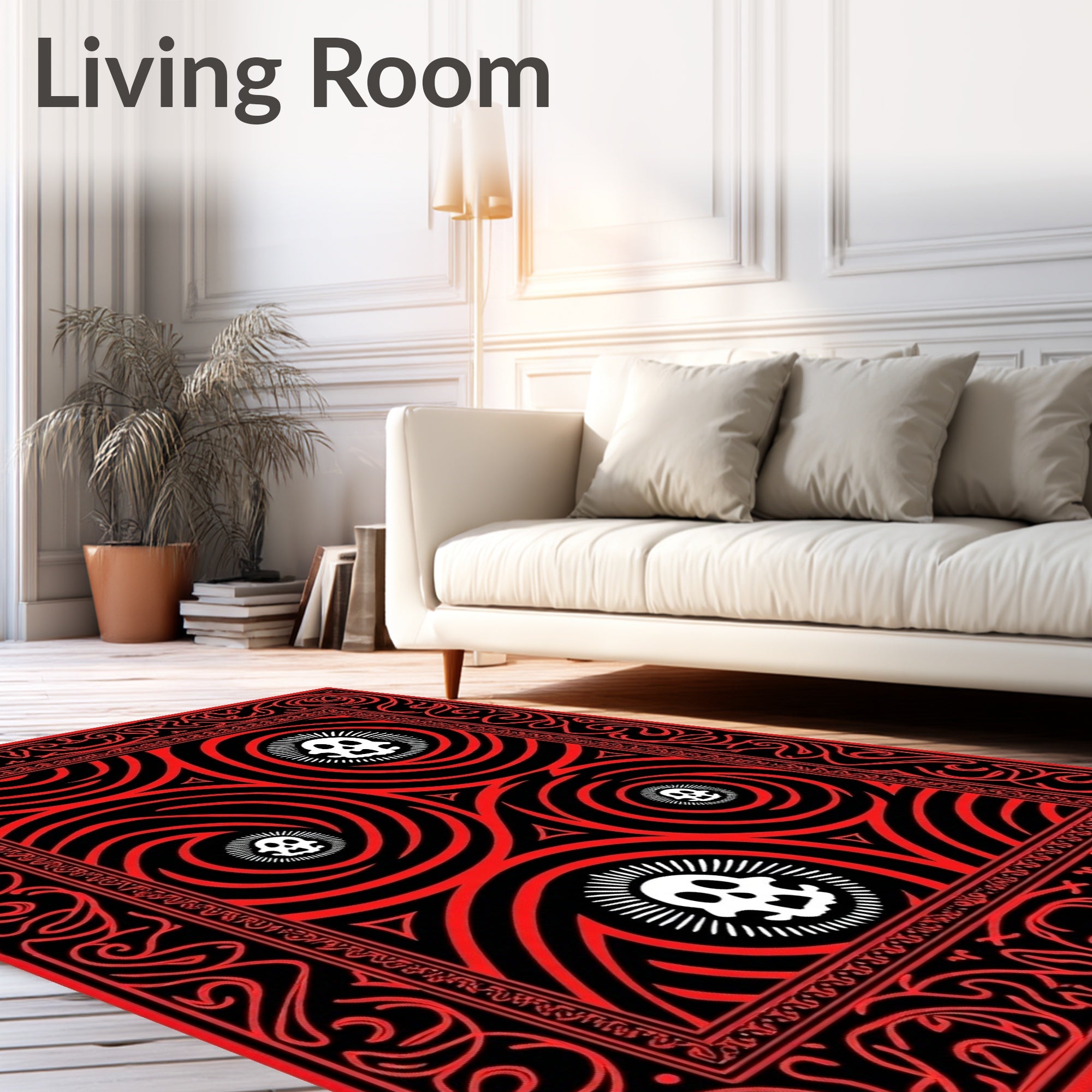 Red Black Skull Swirls Border Rug