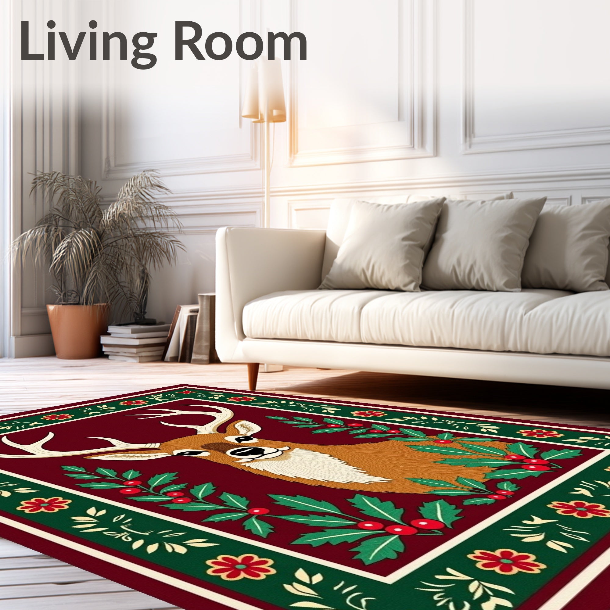 Festive Deer With Holly Border Rug