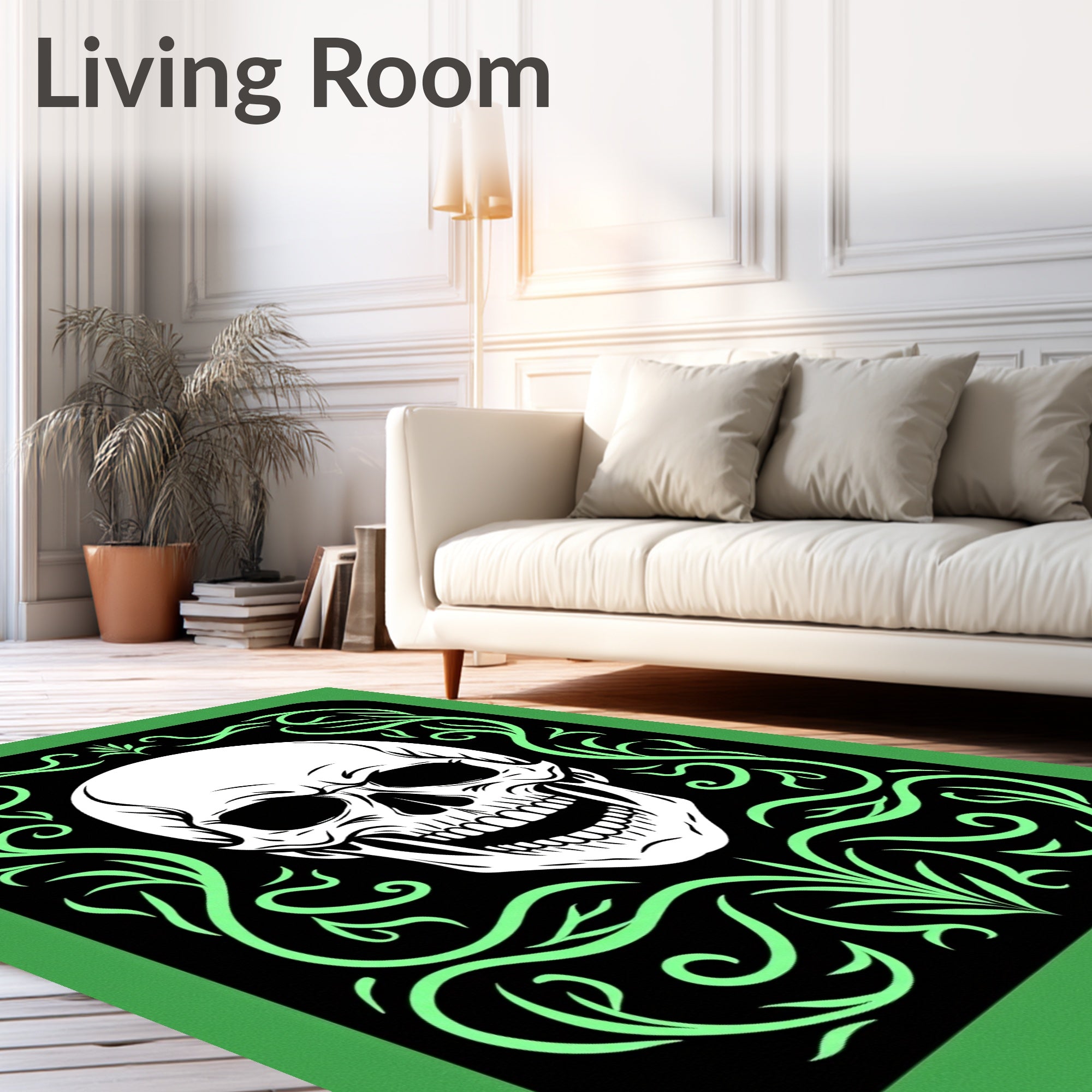 Glow Green Skull Floral Border Rug