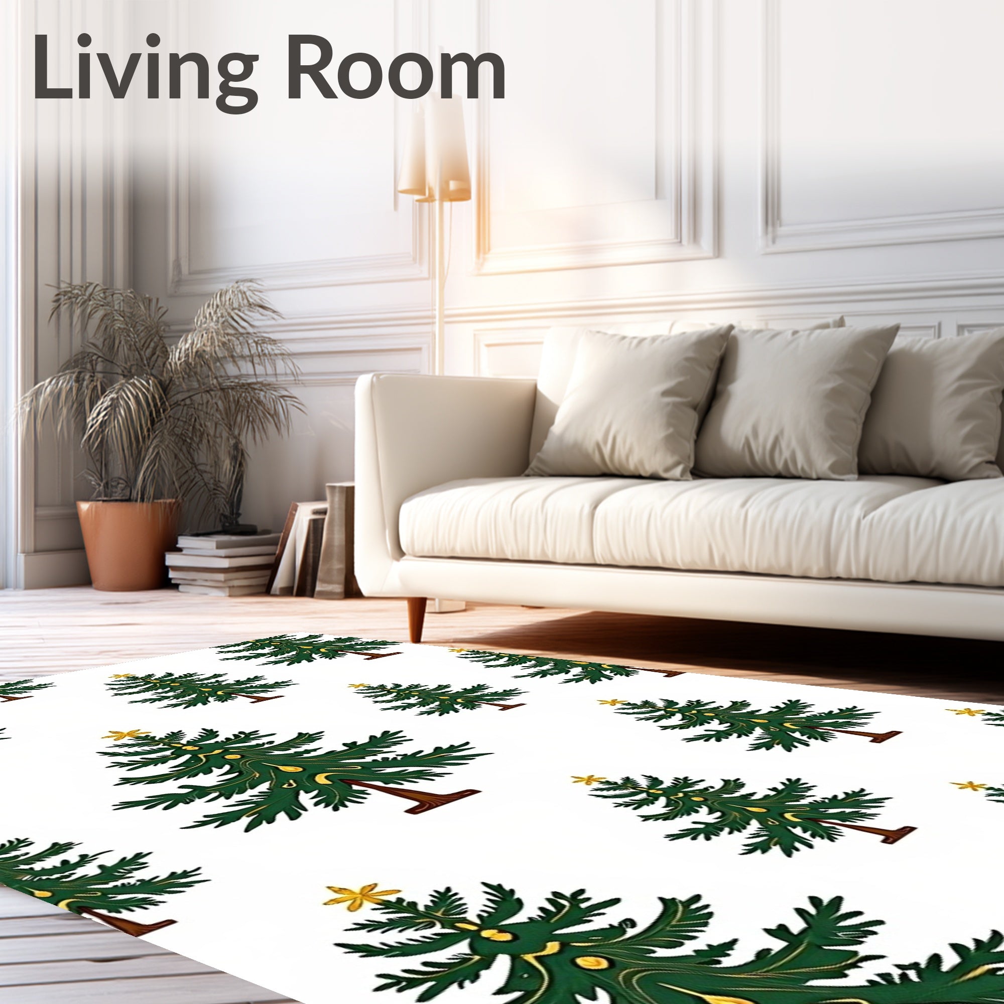 Festive Green Christmas Trees Gold Ornaments Rug