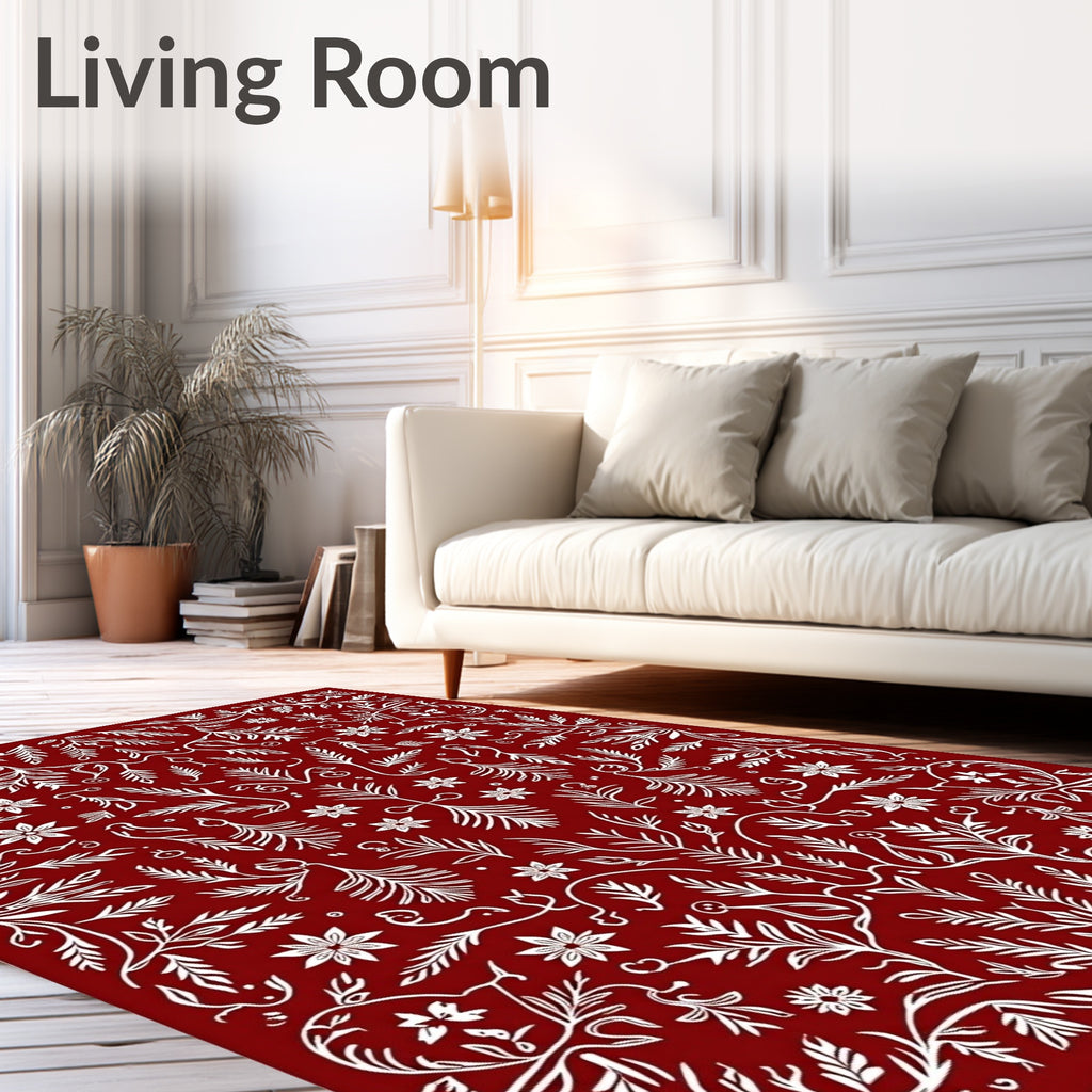 Crimson White Floral Botanical Symmetry Rug