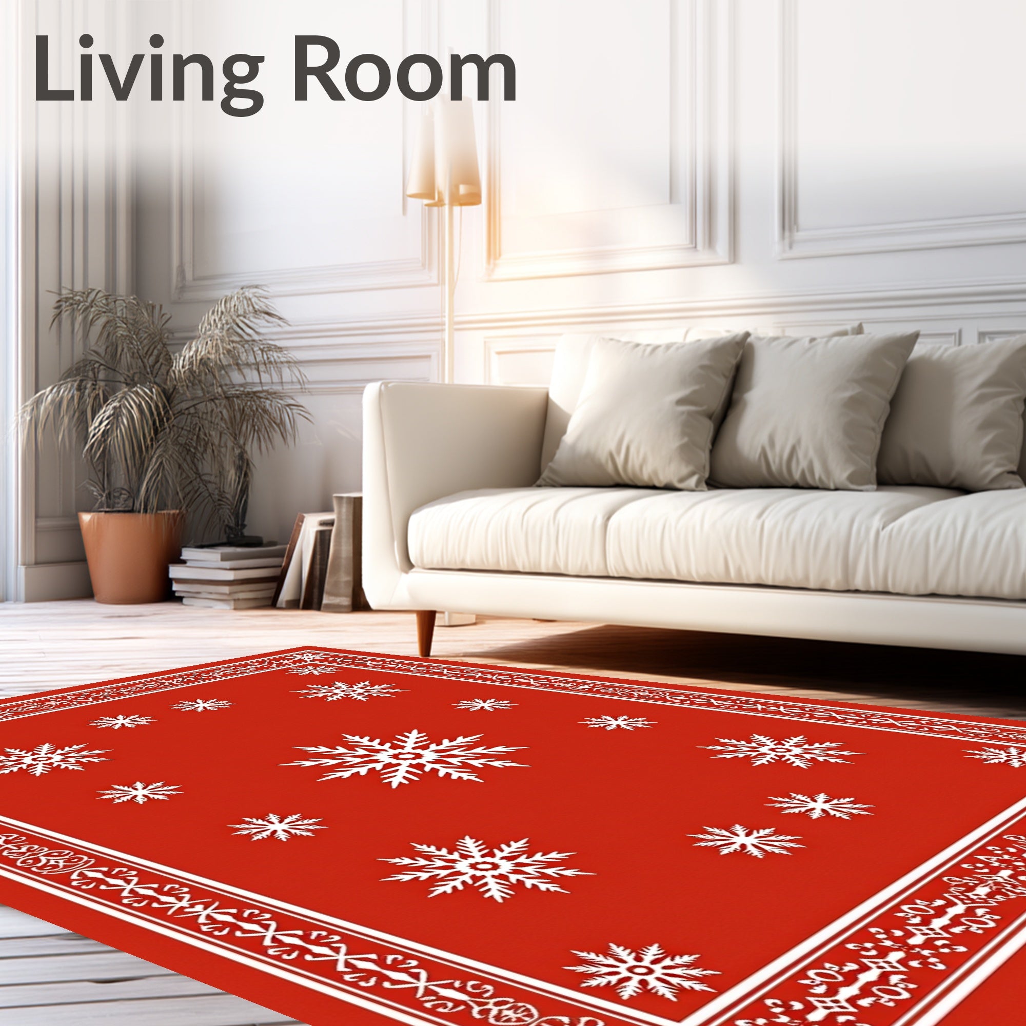 Bright Red Snowflake Medallion Border Rug