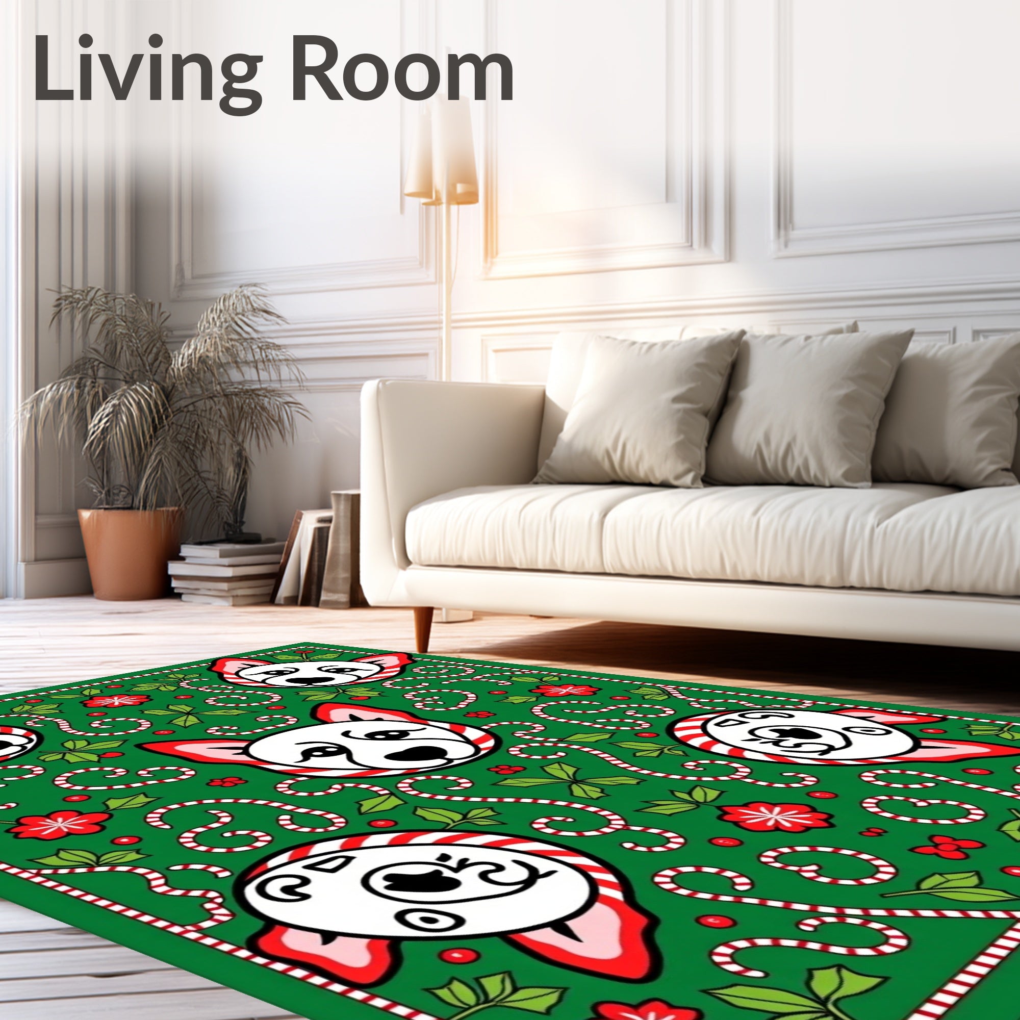 Festive Green Dog Candy Cane Collage Rug