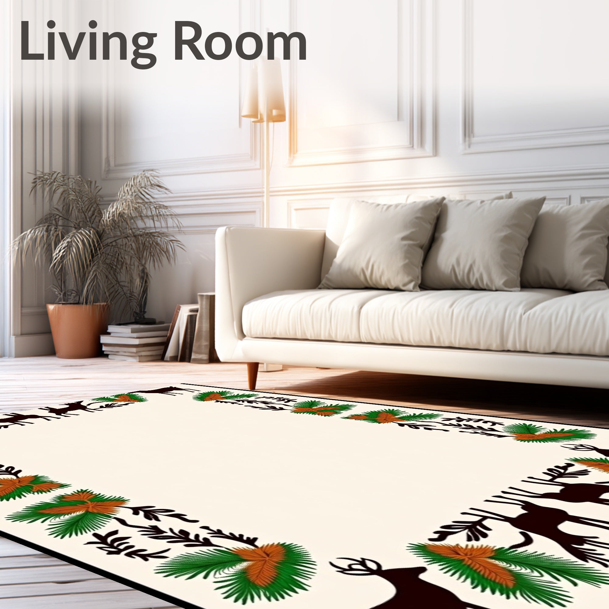 Rustic Deer Pinecone Foliage Border Rug
