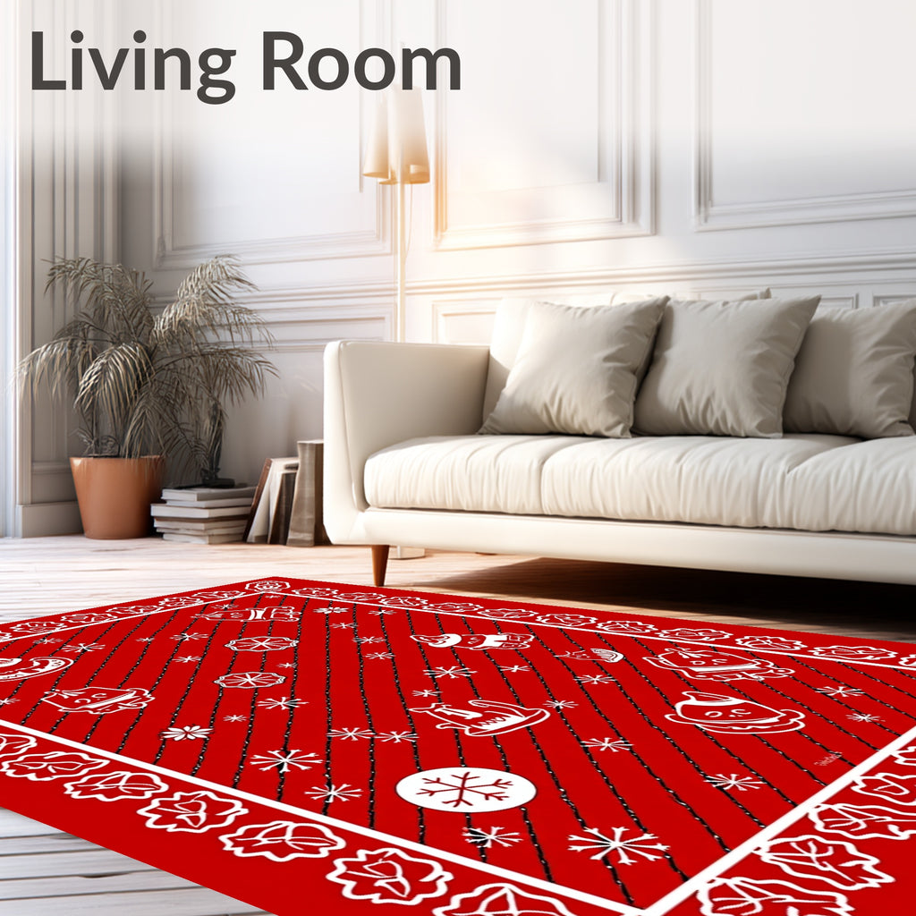 Red Festive Holiday Characters Snowflakes Rug