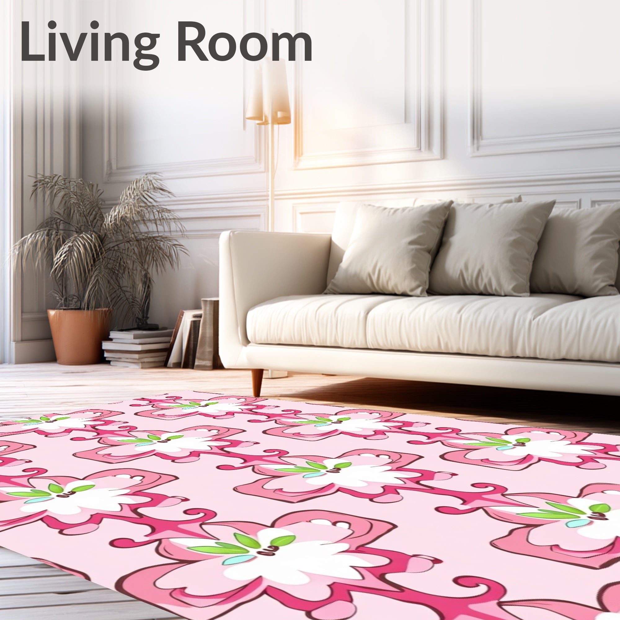 Ornate Pink Flower Blossom Motif Rug
