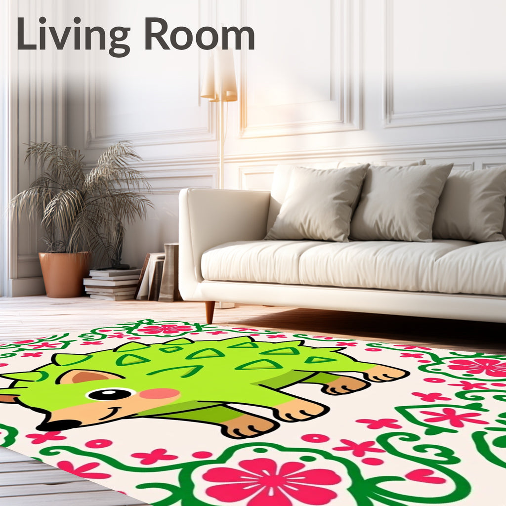 Whimsical Green Spiky Creature Floral Border Rug