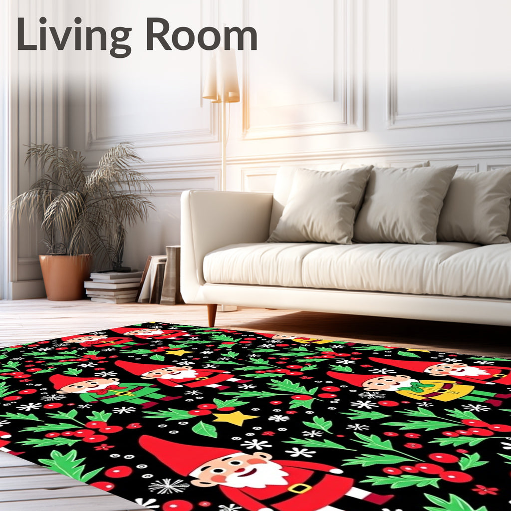 Cute Gnomes Holly Berry Glitter Black Rug