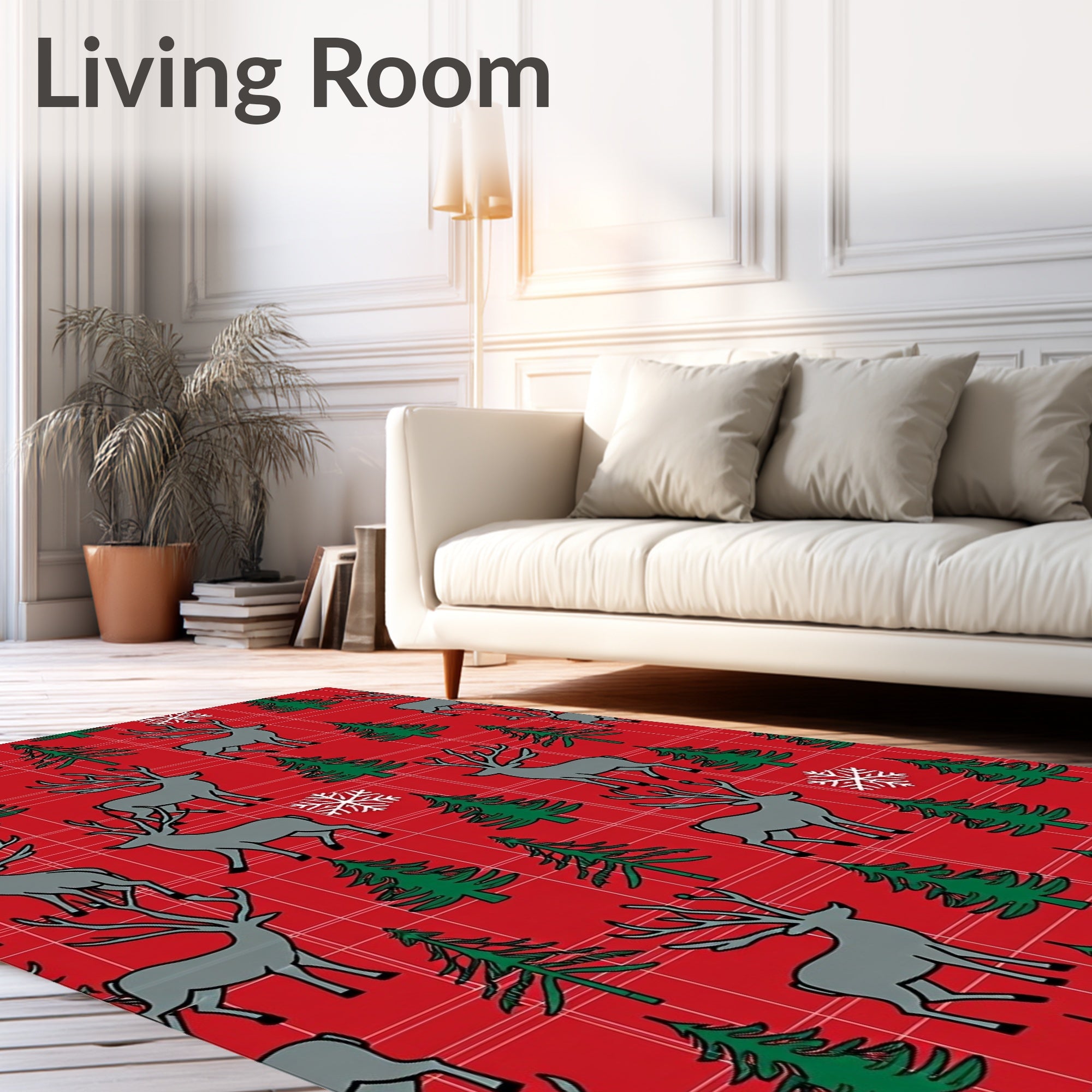 Red Plaid Reindeer Snowflake Forest Rug