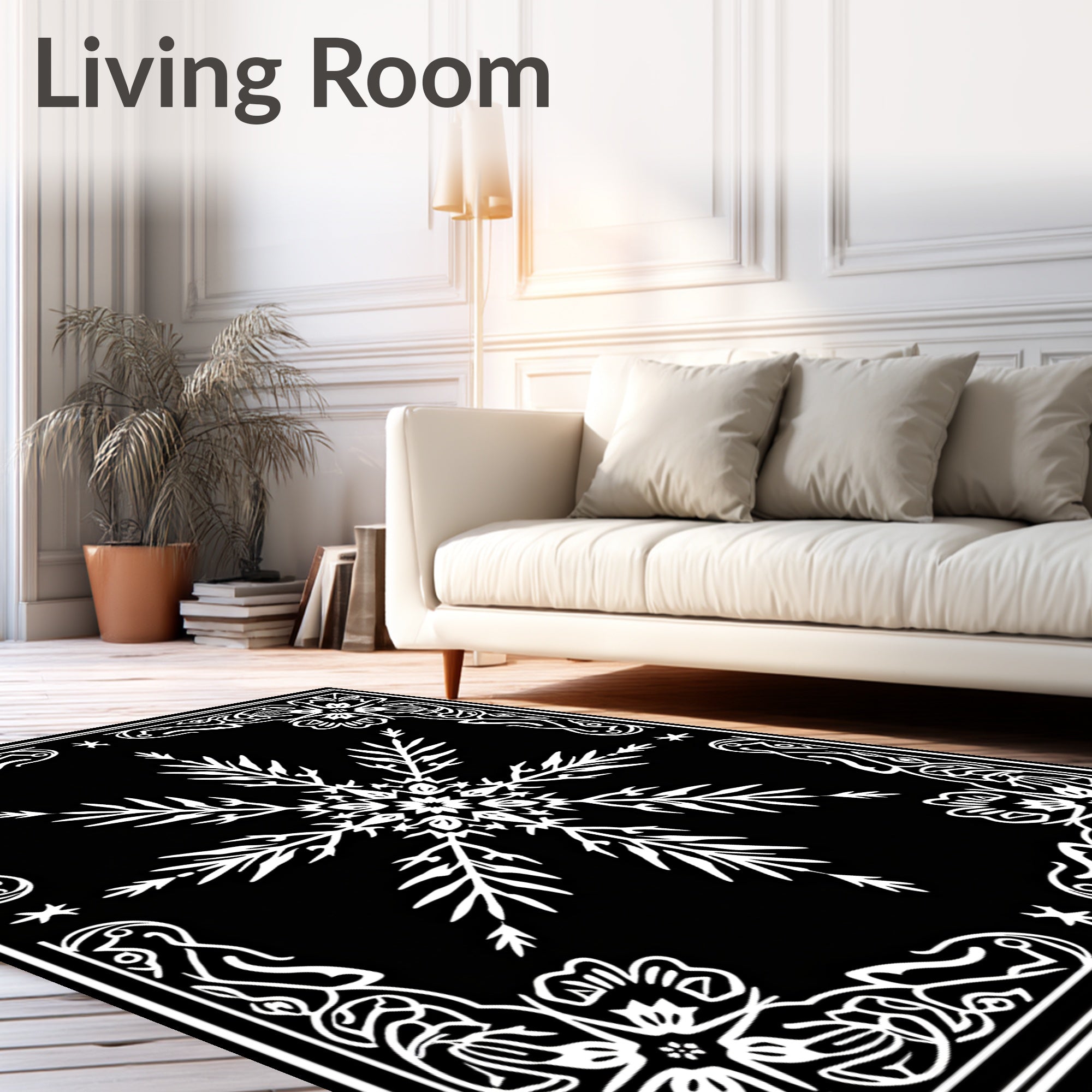 White Snowflake Floral Border Rug