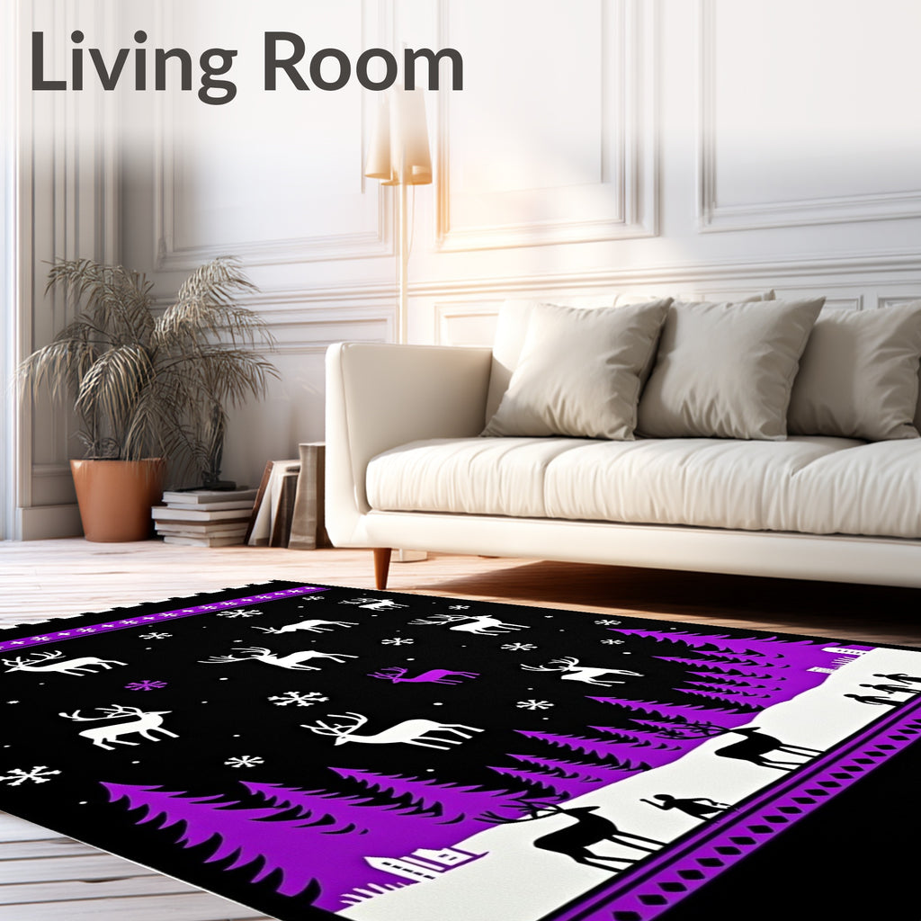 Whimsical Purple Deer Snowy Forest Night Rug