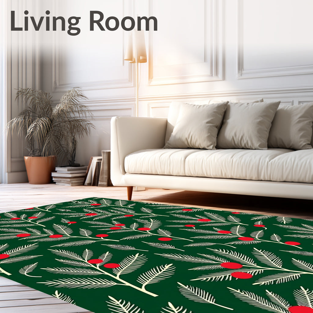 Festive Green Branch Red Berry Rug
