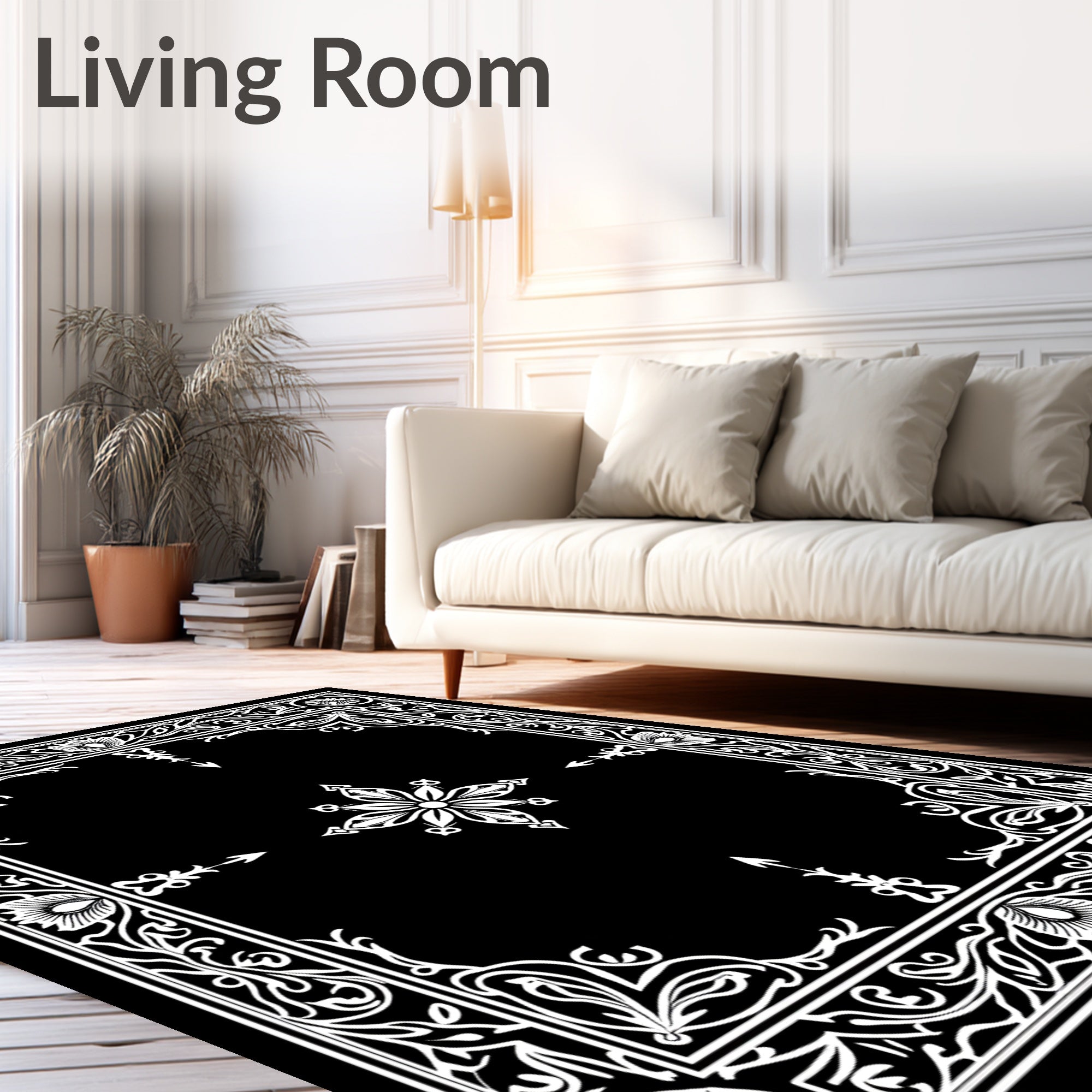 Ornate White Floral Border Square Rug