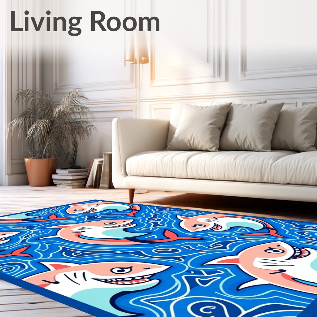 Playful Coral Sharks Blue Water Swirls Rug