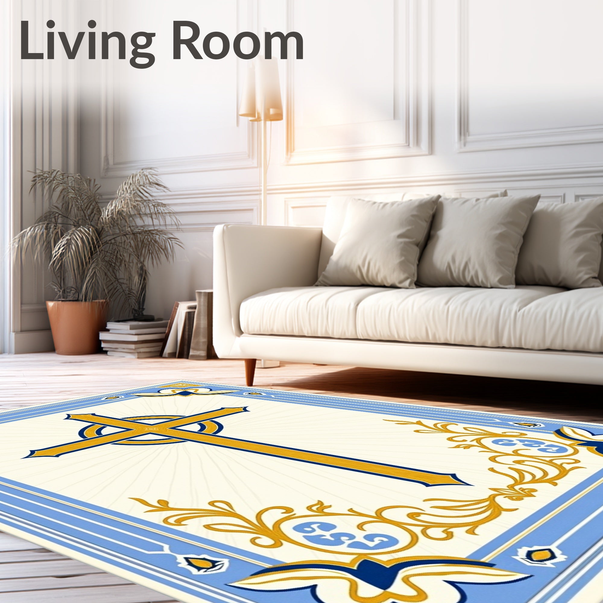 Ornate Gold Blue Celtic Cross Border Rug