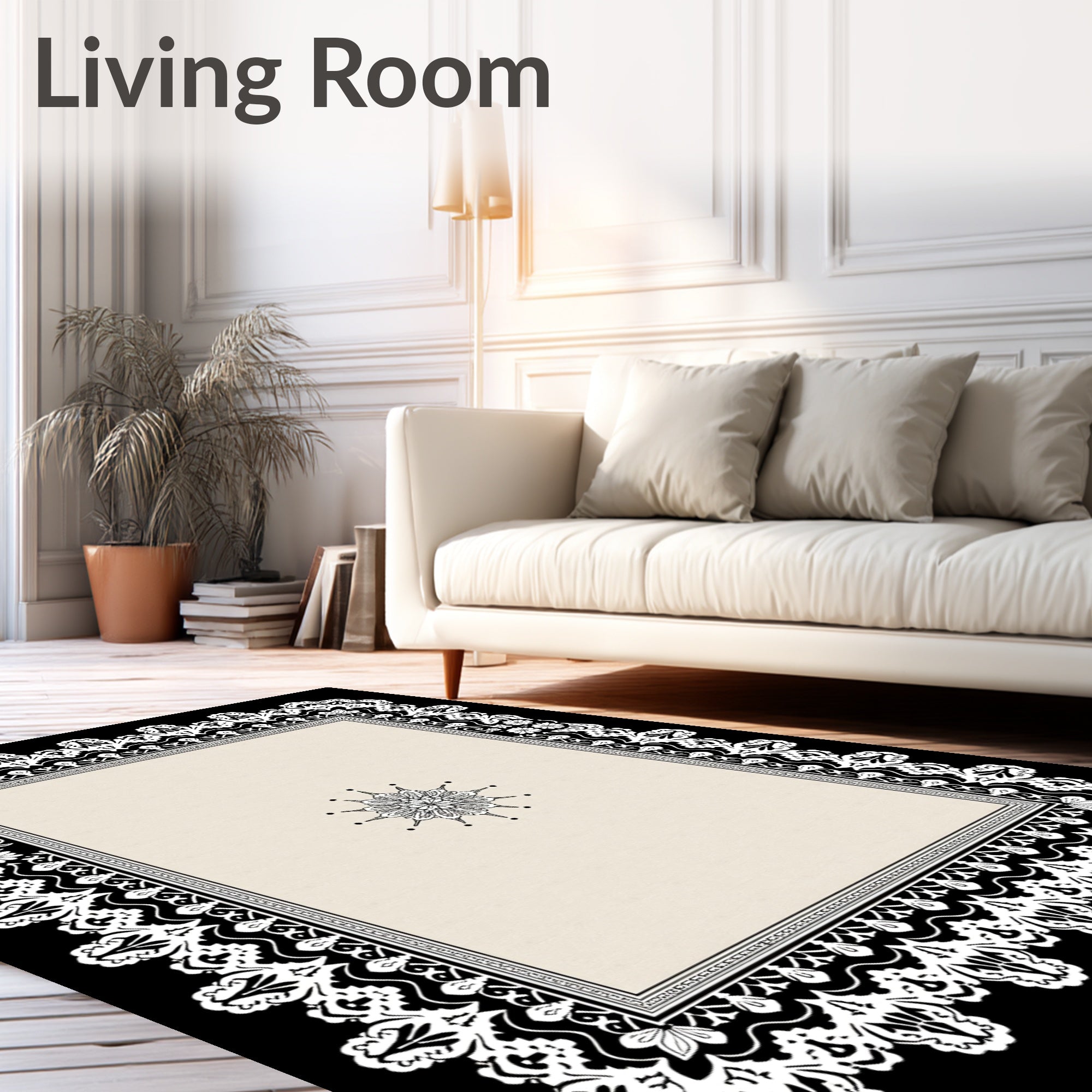 Cream and Black Floral Lace Rug