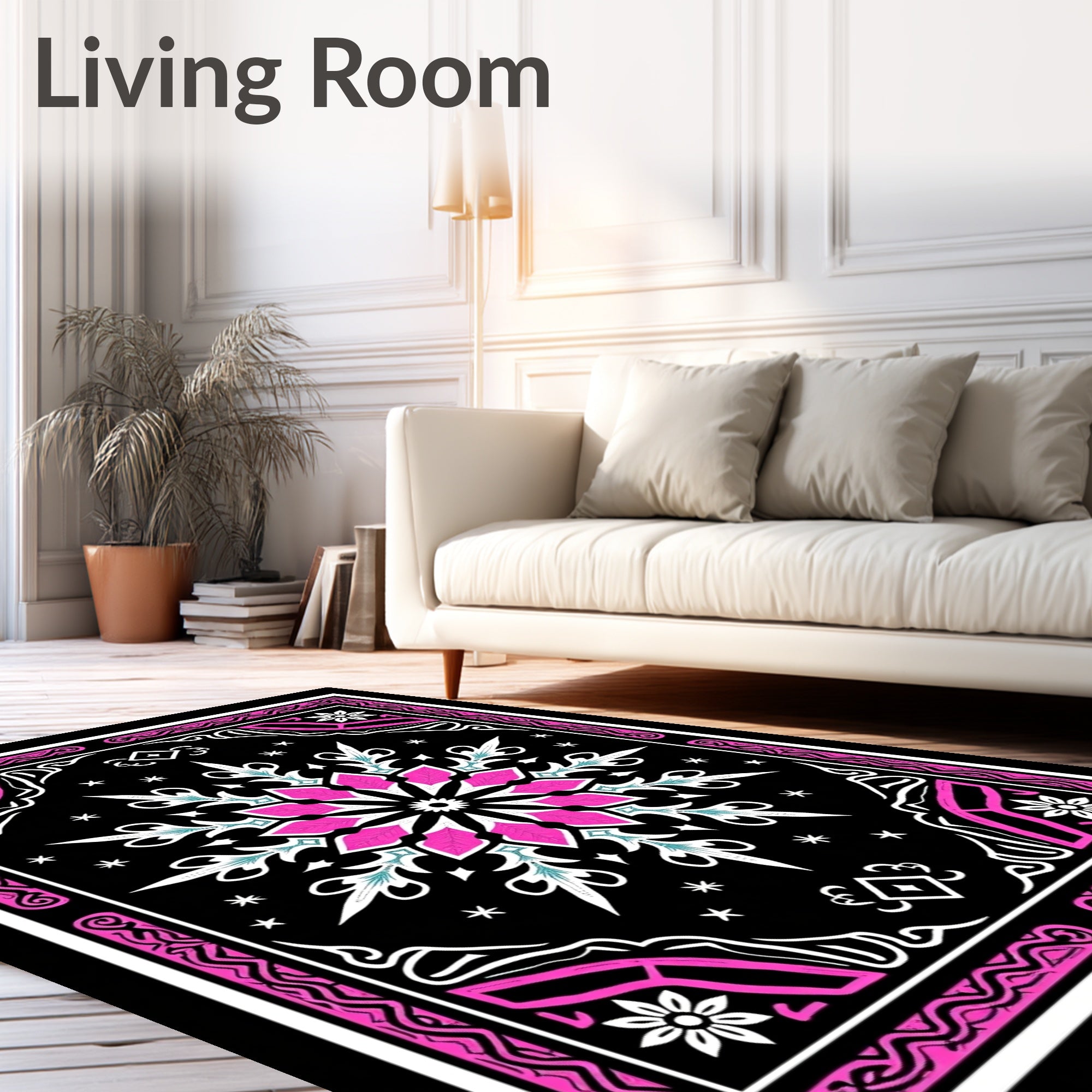 Bold Pink and White Floral Mandala Rug