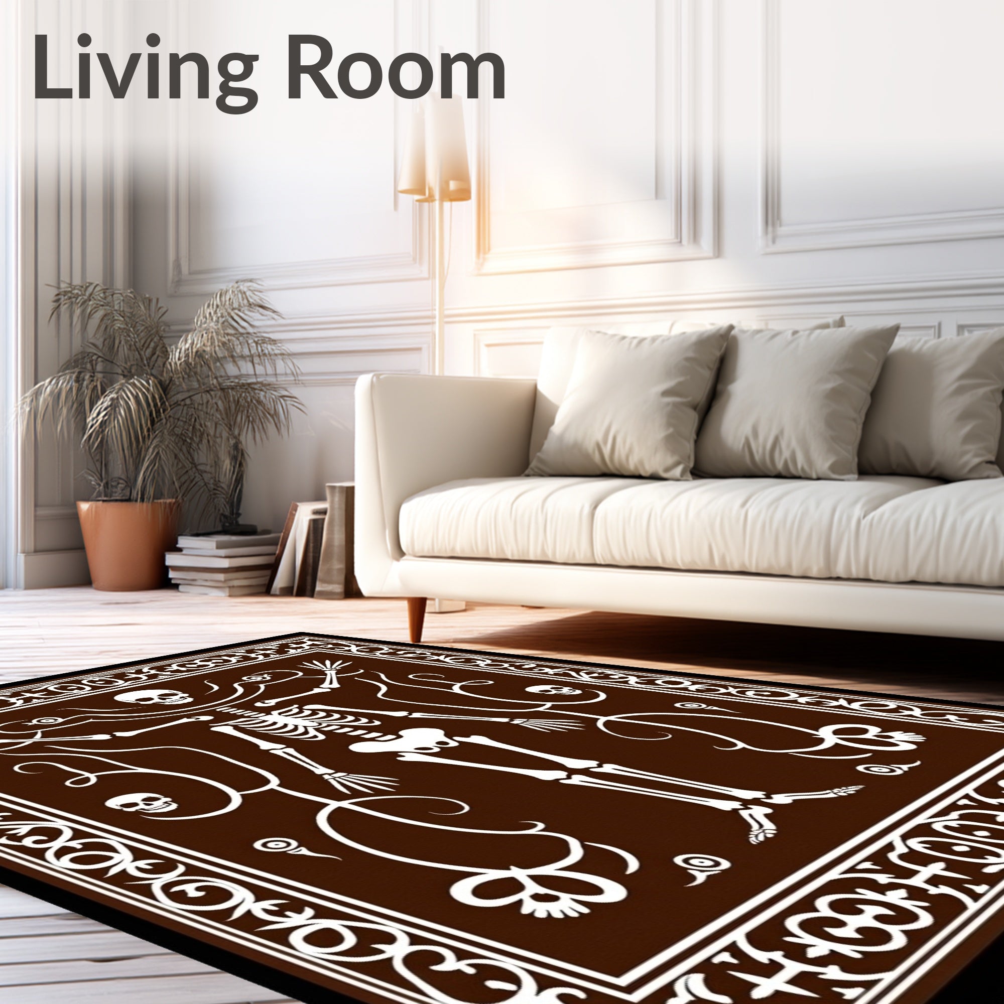 Brown White Skeleton Vine Border Rug