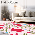 Red Rabbits with Floral Vines Rug