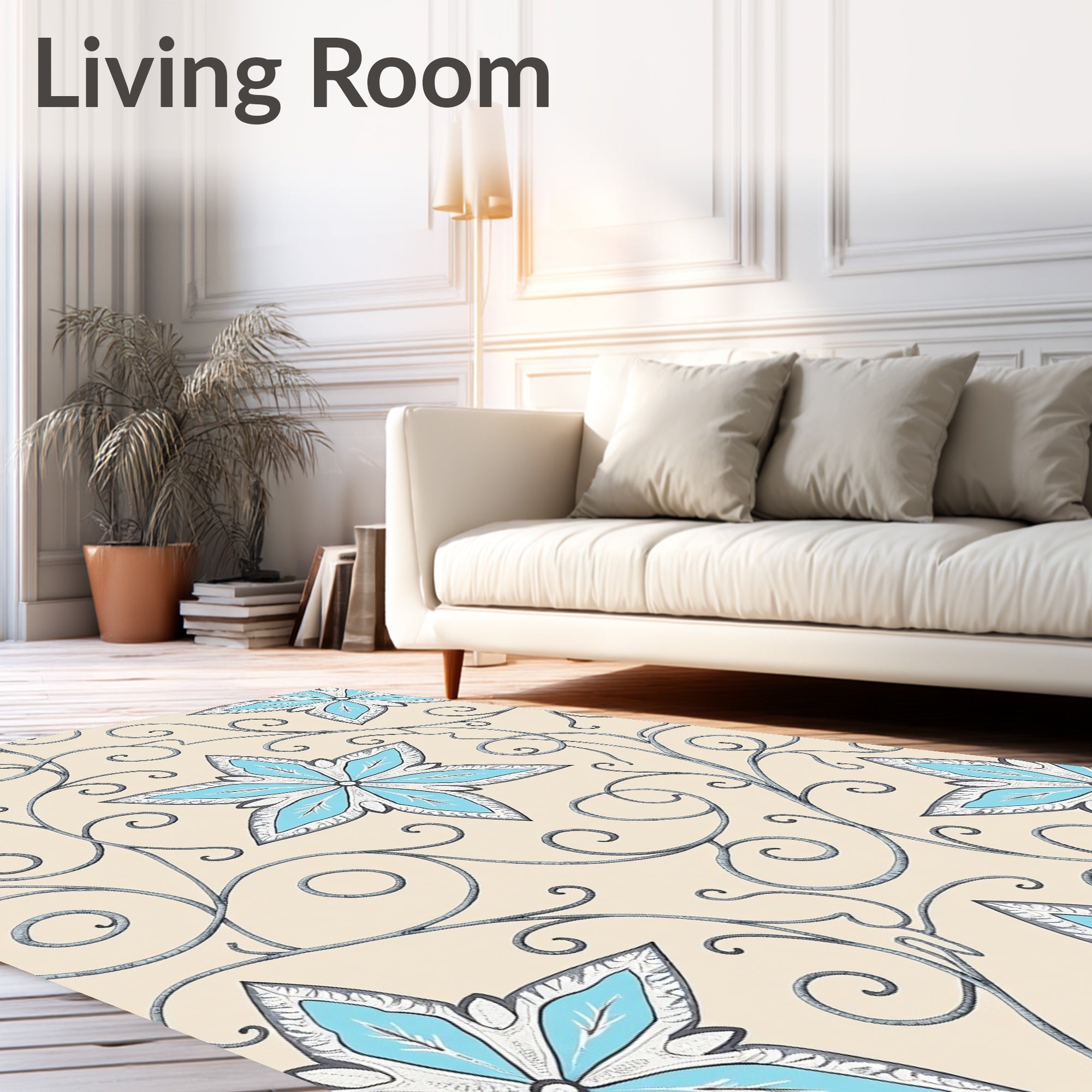 Light Blue Star Swirls on Cream Rug