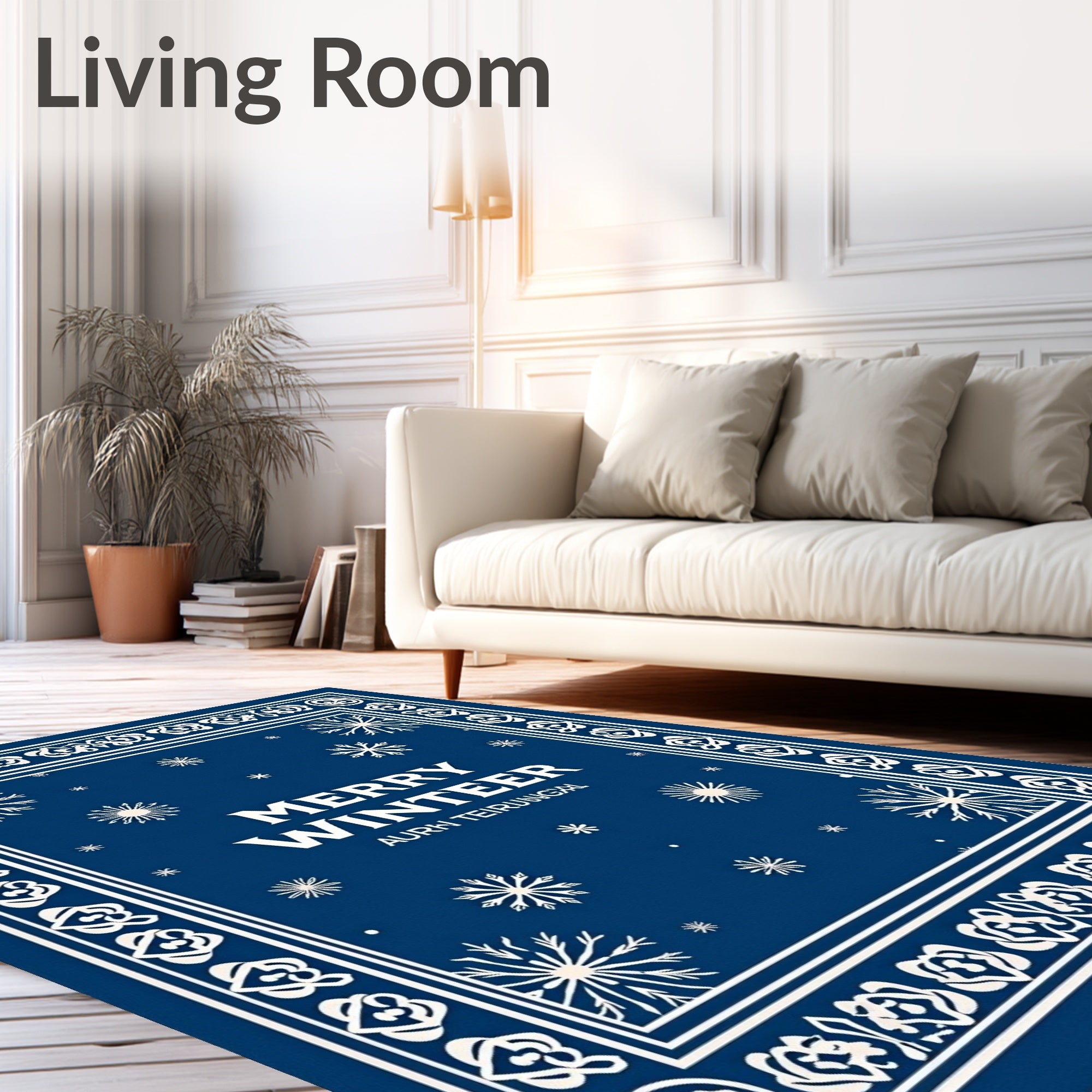 Deep Blue Snowflake Winter Border Rug