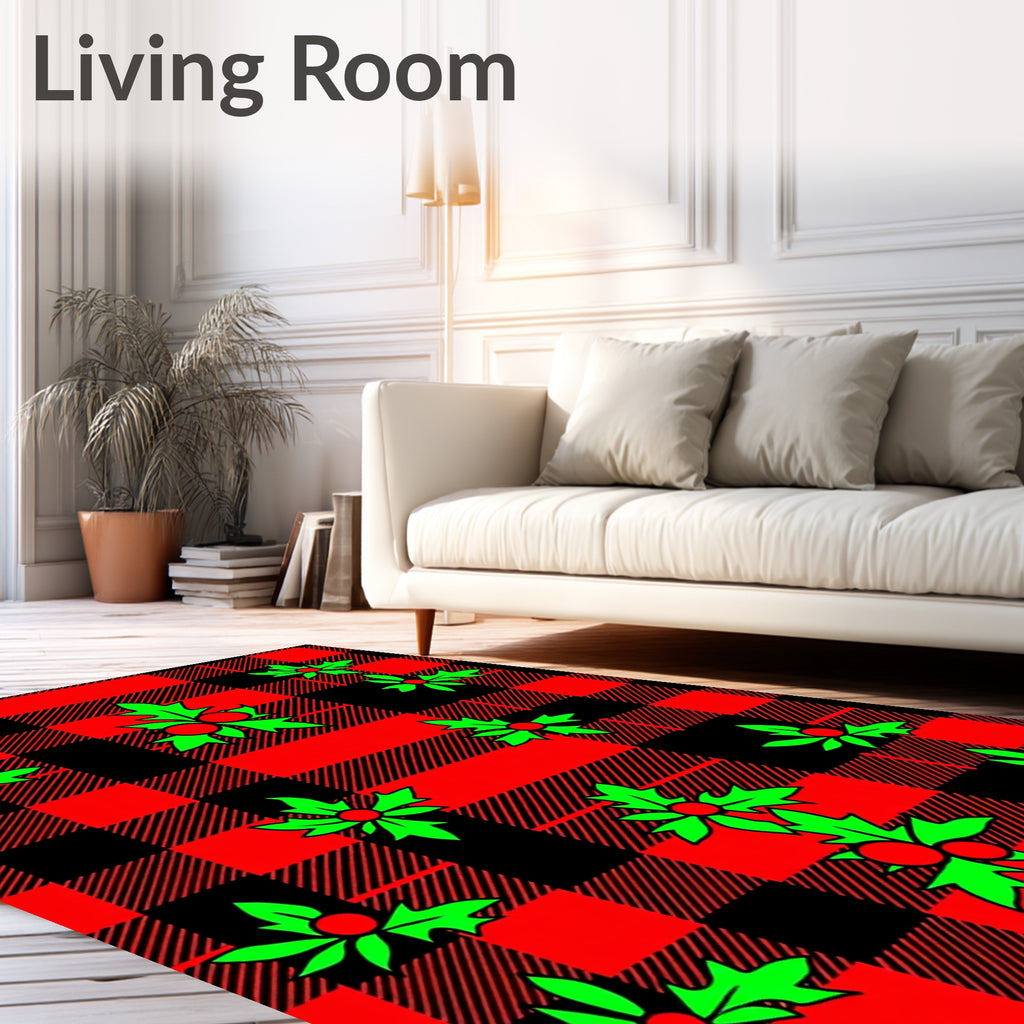 Red Black Buffalo Plaid Holly Sprigs Rug