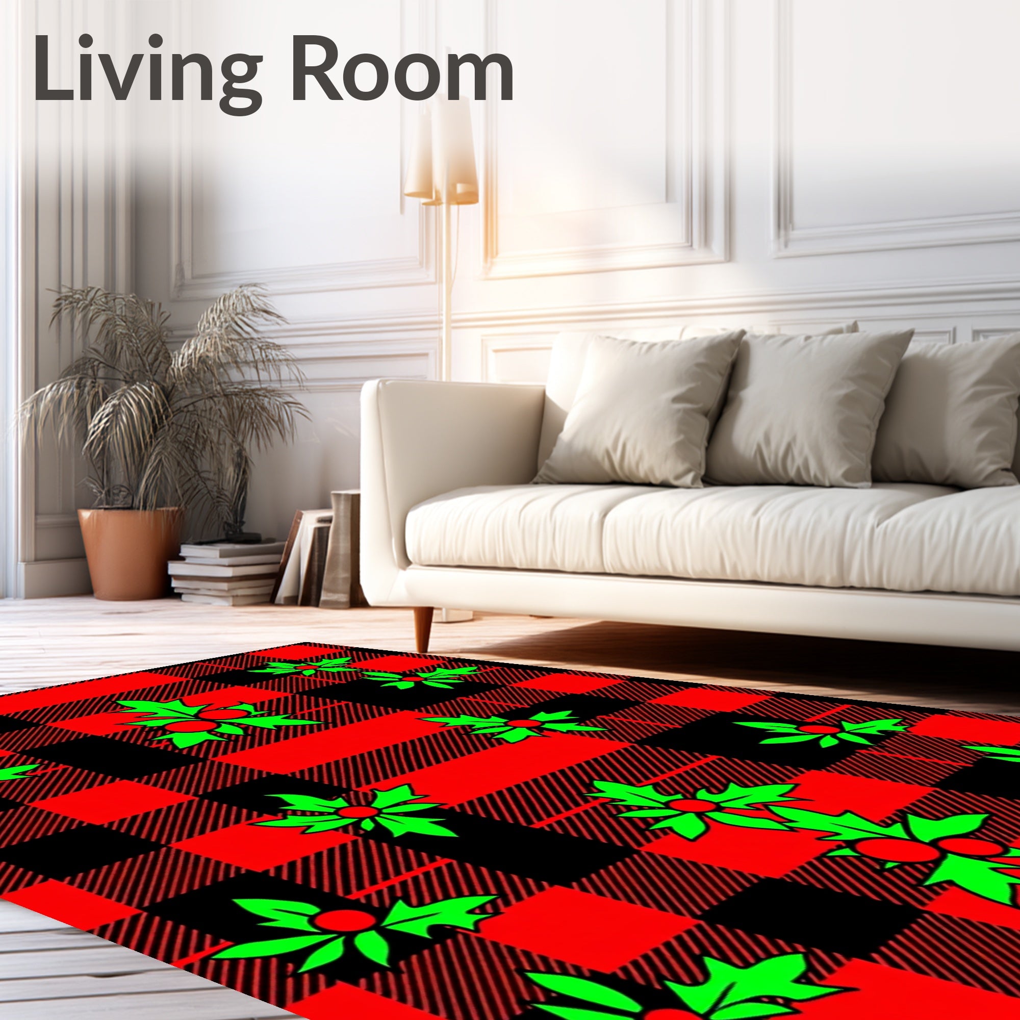 Red Black Buffalo Plaid Holly Sprigs Rug