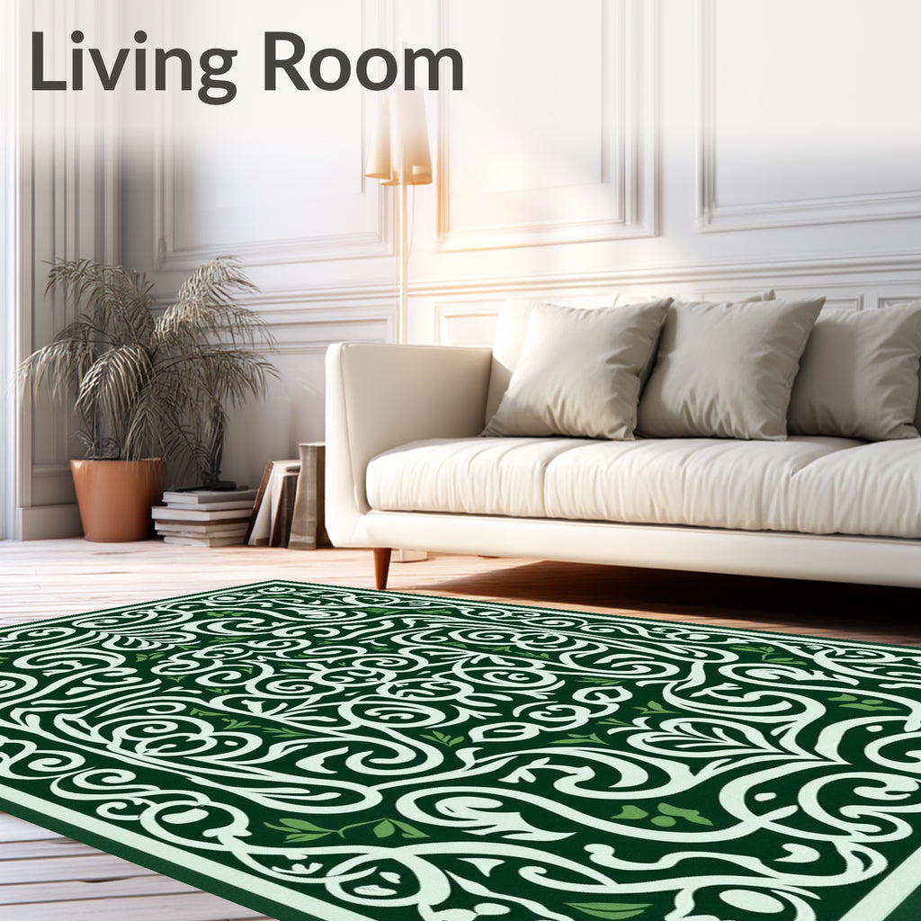 Elegant Emerald Ivory Scrollwork Fern Rug