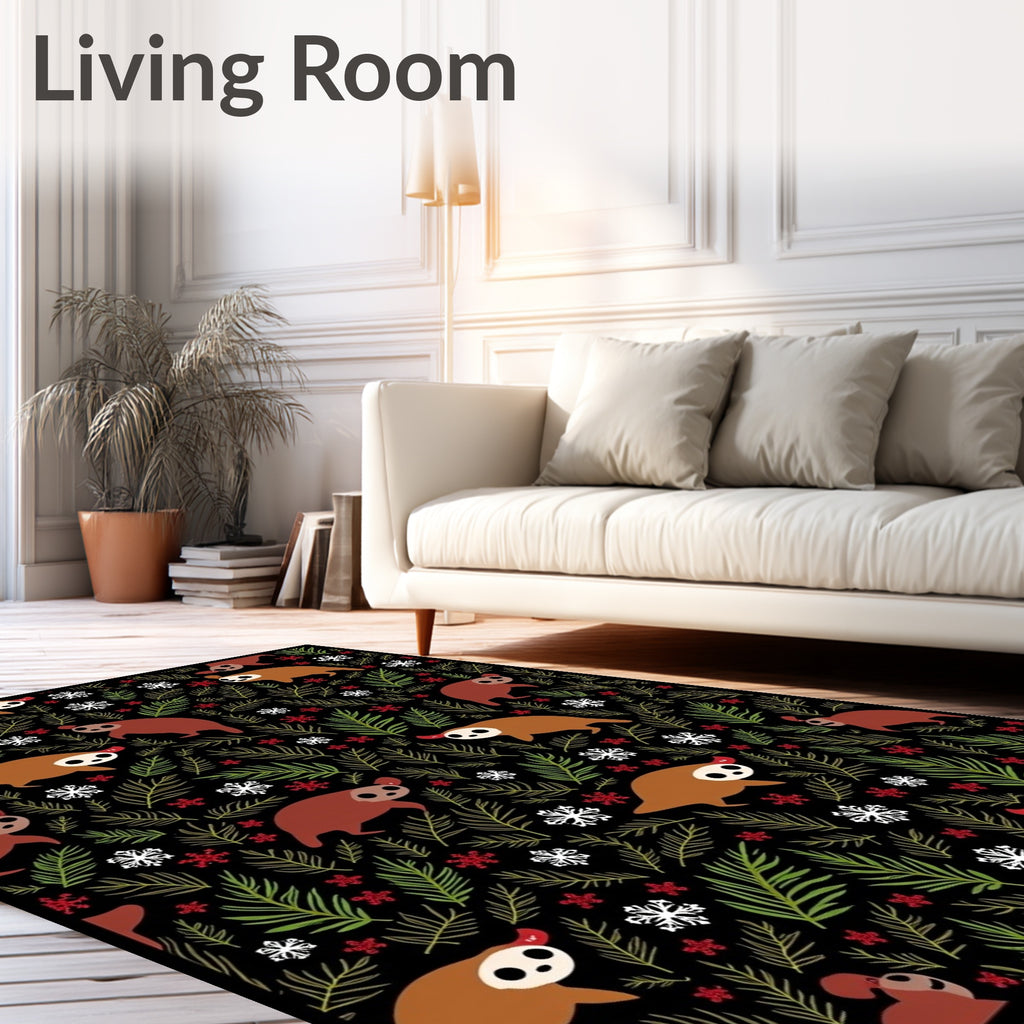 Whimsical Sloth Snowflakes Pine Branches Rug