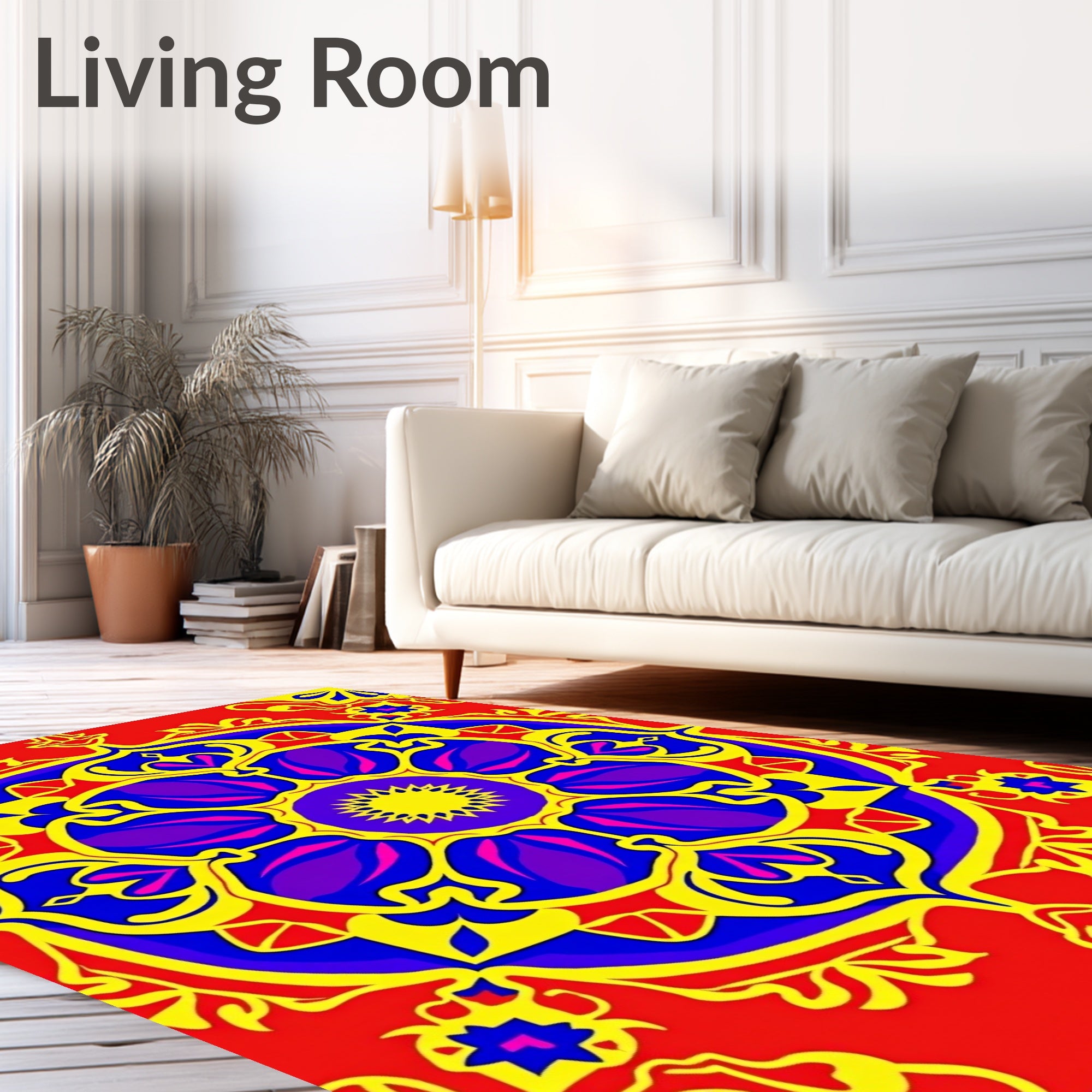 Vibrant Red Blue Yellow Floral Mandala Rug