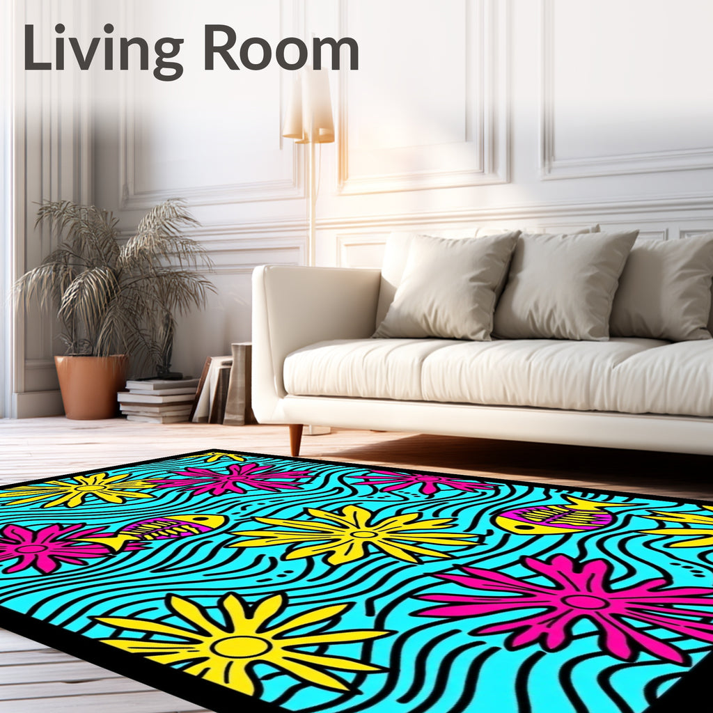 Bright Yellow Pink Flower Fish Aqua Rug