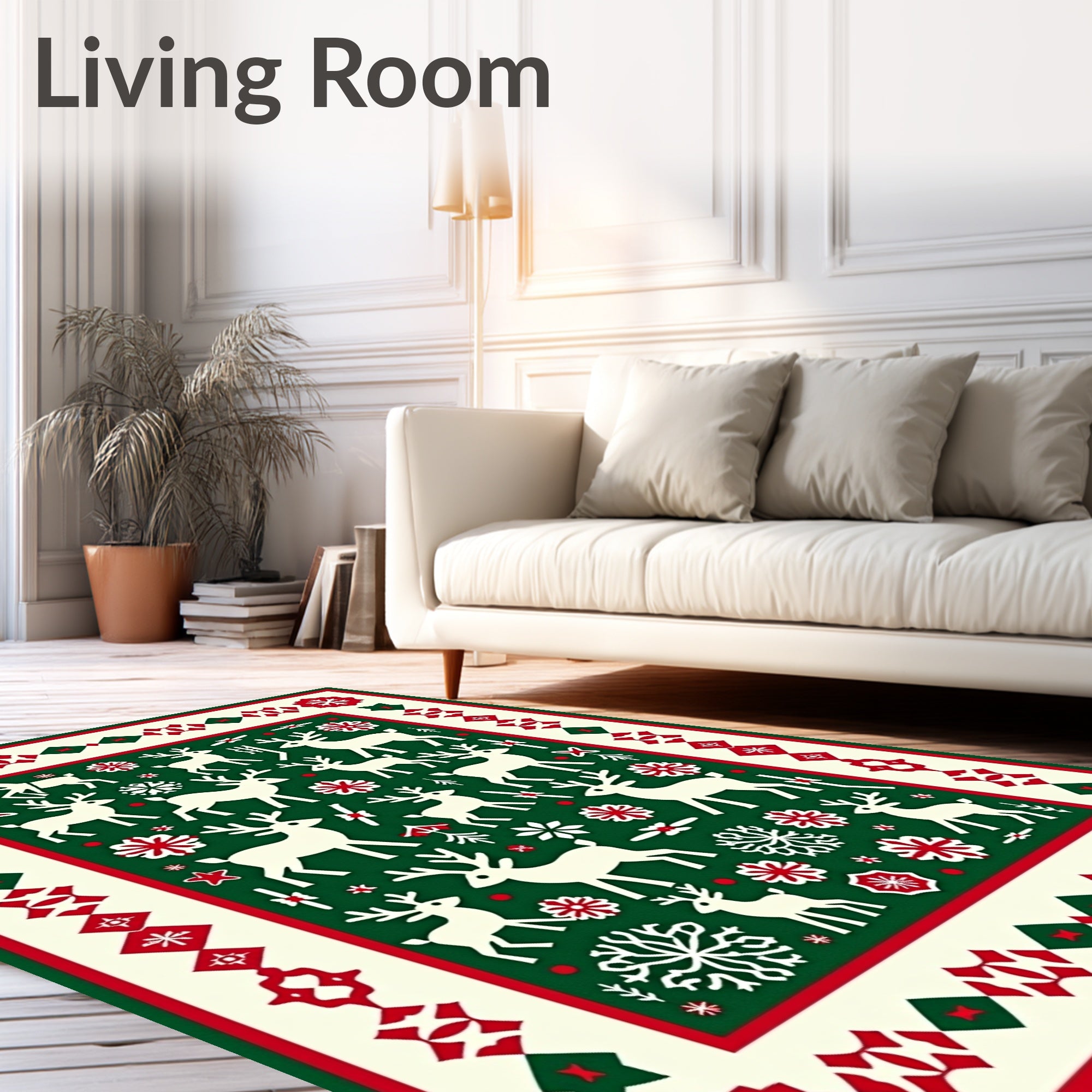 White Reindeer Christmas Festive Border Rug